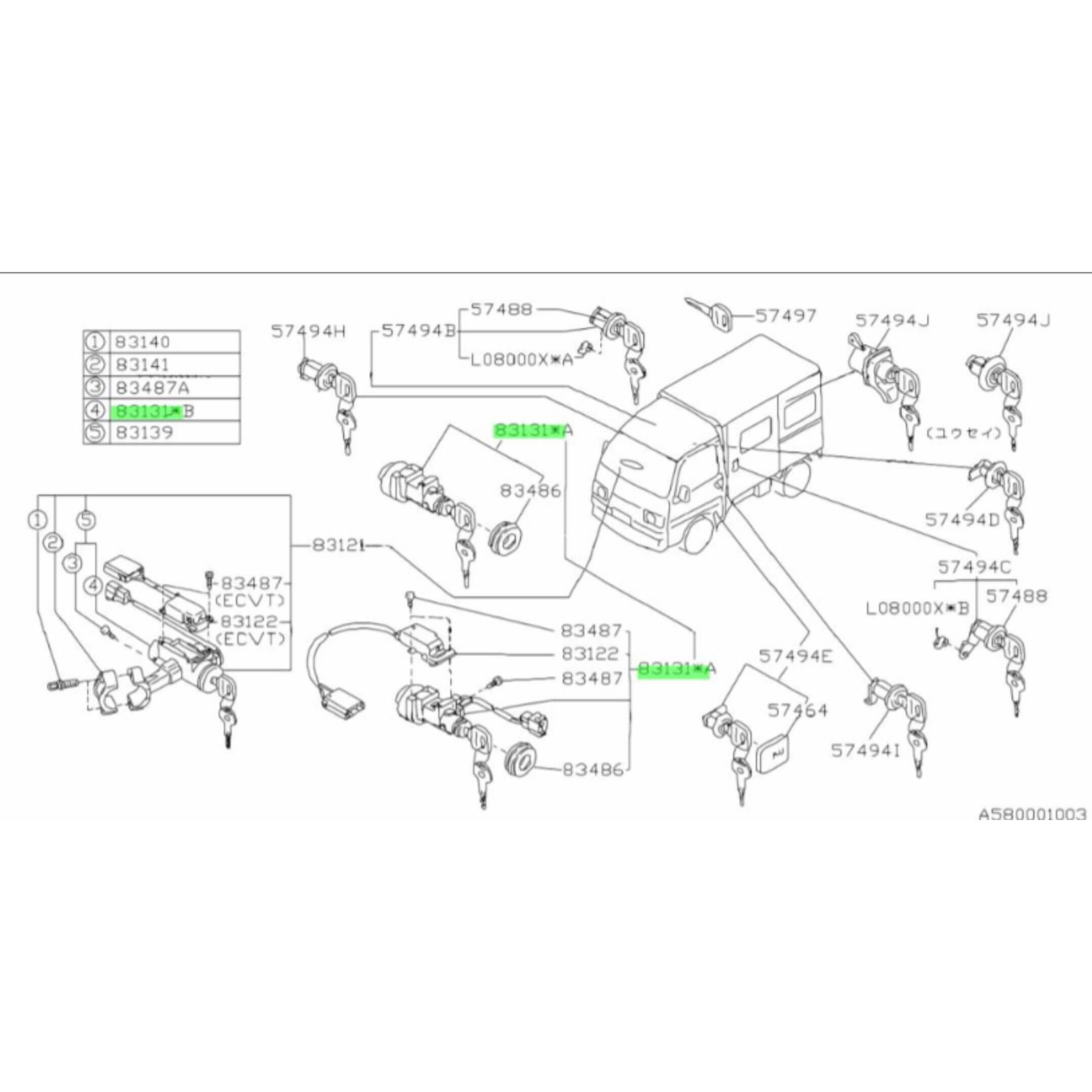 Ignition Switch for Subaru Sambar Truck TT1, TT2 Models (1999-2012) featuring detailed schematic diagram and key components.