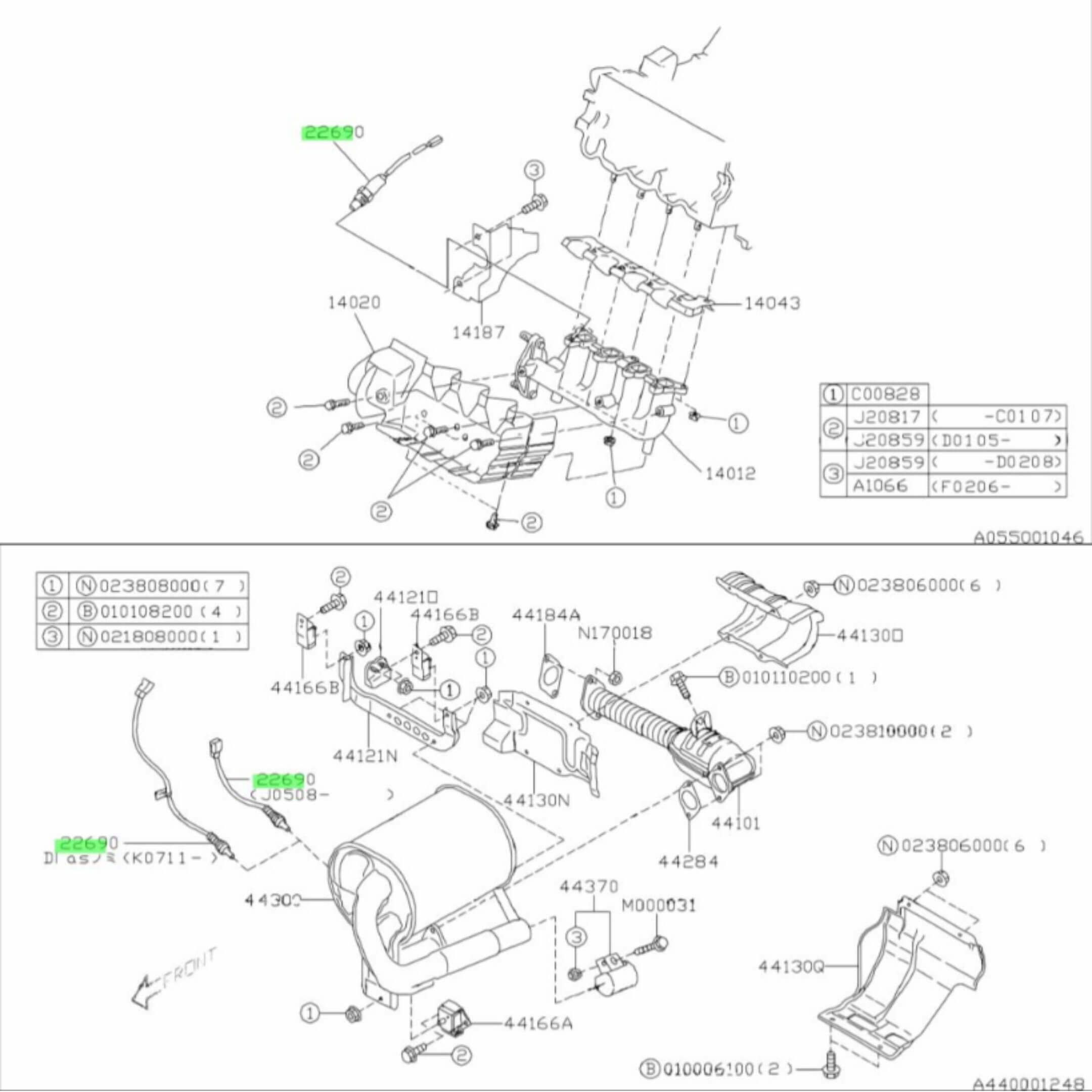 Oxygen Sensor Set for Subaru Sambar Truck TT1, TT2 Models (6/2008-2/2012) featuring detailed diagrams of front (upstream) and rear (downstream) O2 sensors.