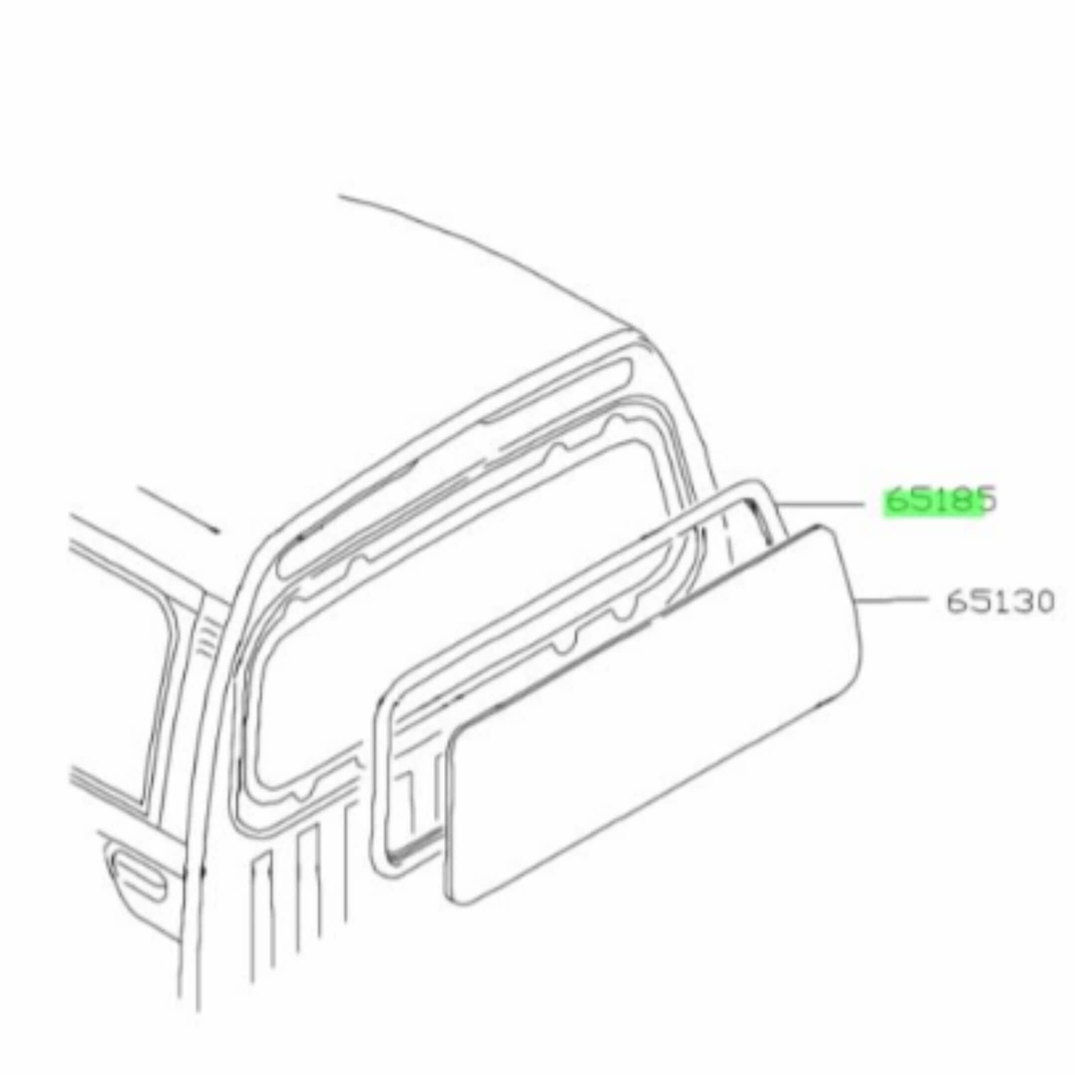 Rear Window Weatherstrip Seal for Subaru Sambar Truck TT1, TT2 Models (1999-2012) featuring a detailed diagram with part numbers 65185 and 65130.
