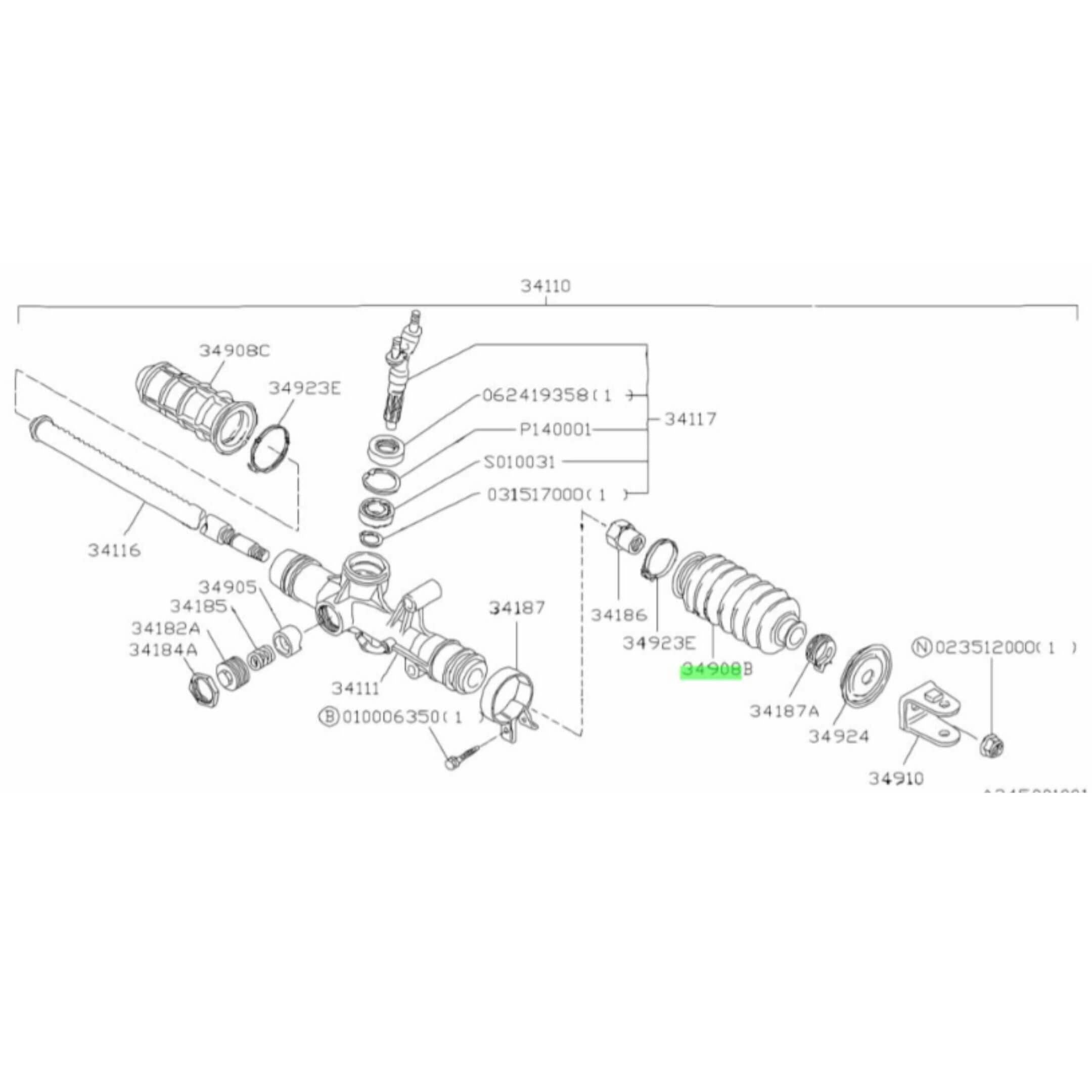 Steering Rack Boot for Subaru Sambar Wagon TW1, TW2 (1999-2012) featuring detailed component diagram and part number 34908B.