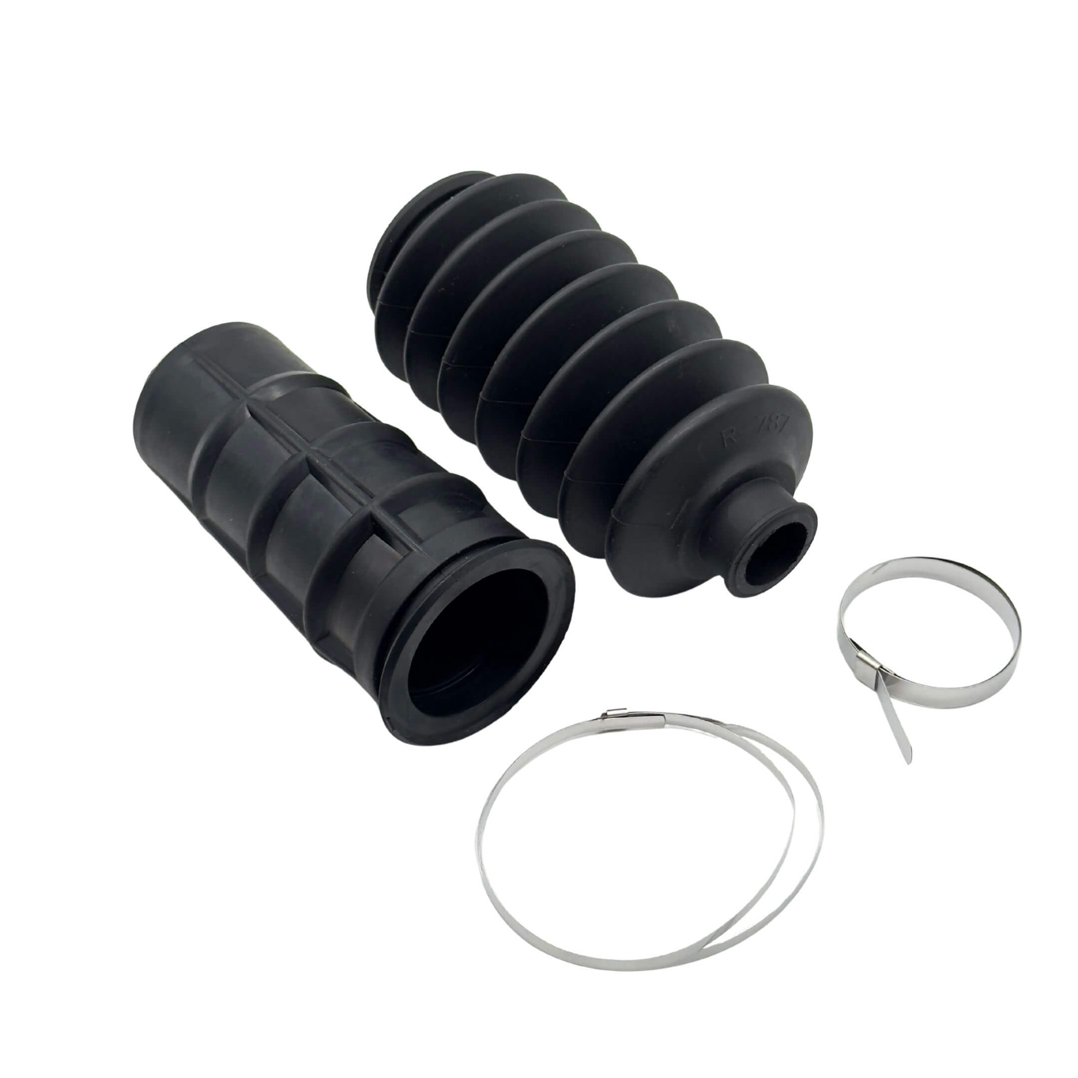 Steering Rack Boot Set for Subaru Sambar Truck TT1, TT2 Models (1999-2012) featuring durable black rubber construction with included metal clamps.
