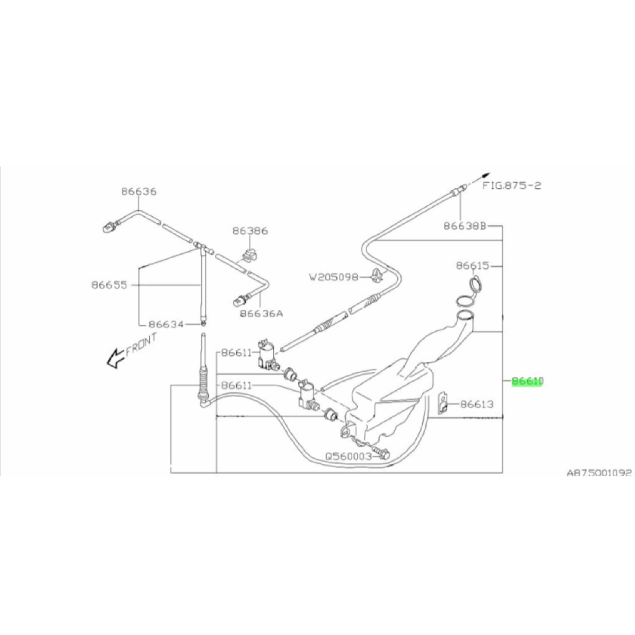 Windshield Reservoir Tank Assembly with Pump for Subaru Sambar Wagon TW1, TW2 Models (1999-2012) featuring detailed component diagram and part numbers.