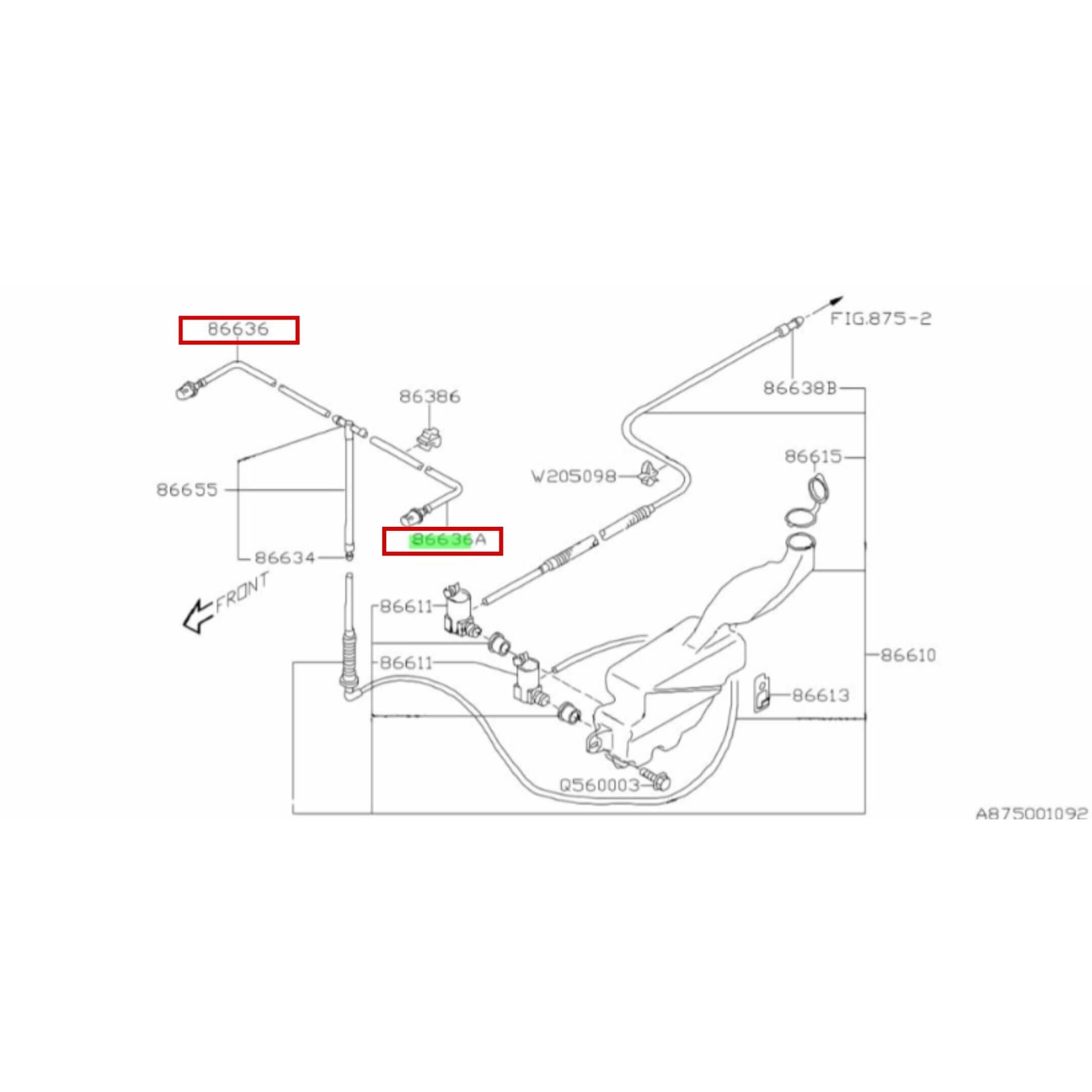 Windshield Washer Nozzle & Hose Assembly Set for Subaru Sambar Truck TT1, TT2 Models (1999-2012) featuring labeled components and hose connections for driver and passenger sides.