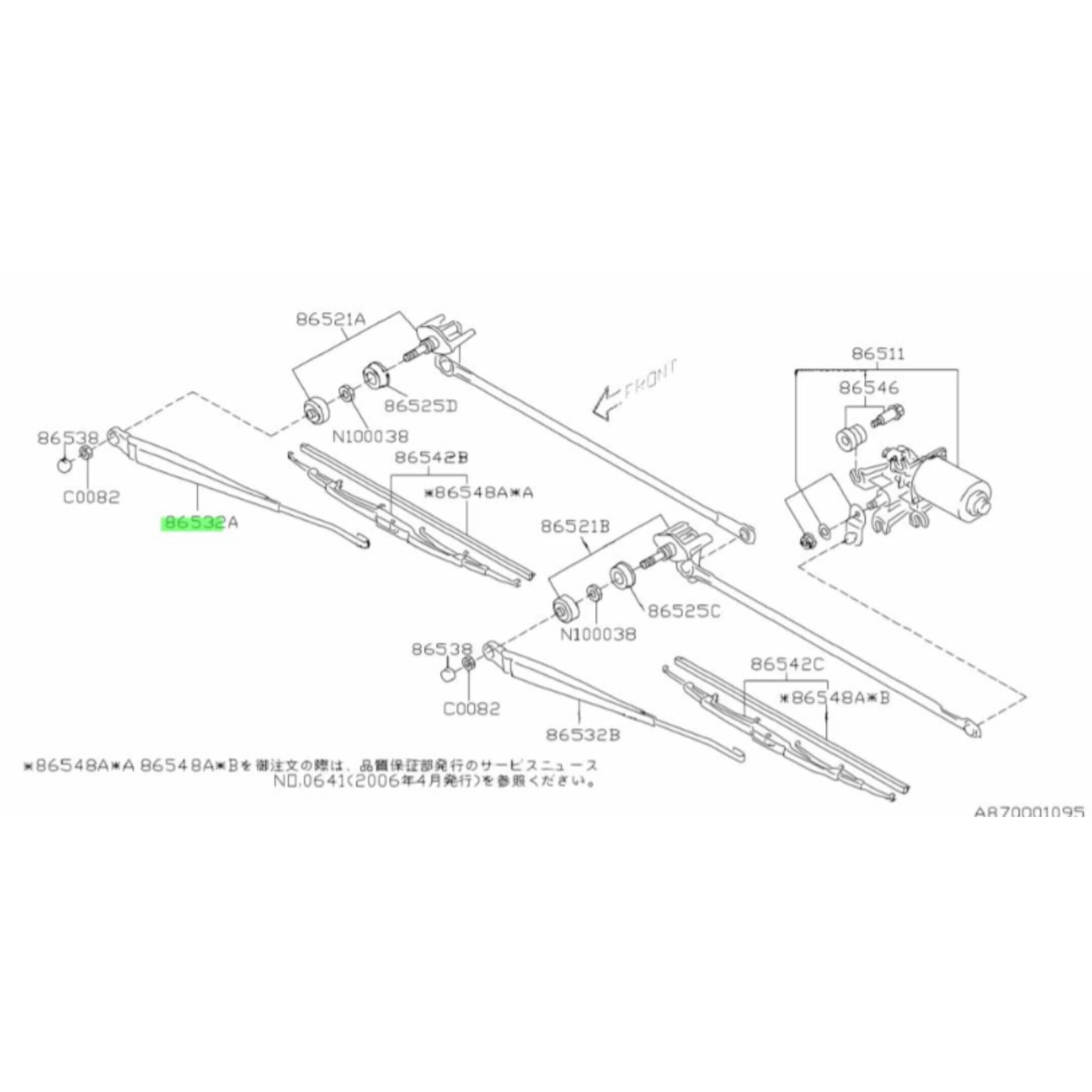 Wiper Arm for Driver Side of Subaru Sambar Wagon TW1, TW2 Models (1999-2012) with detailed schematic illustration.