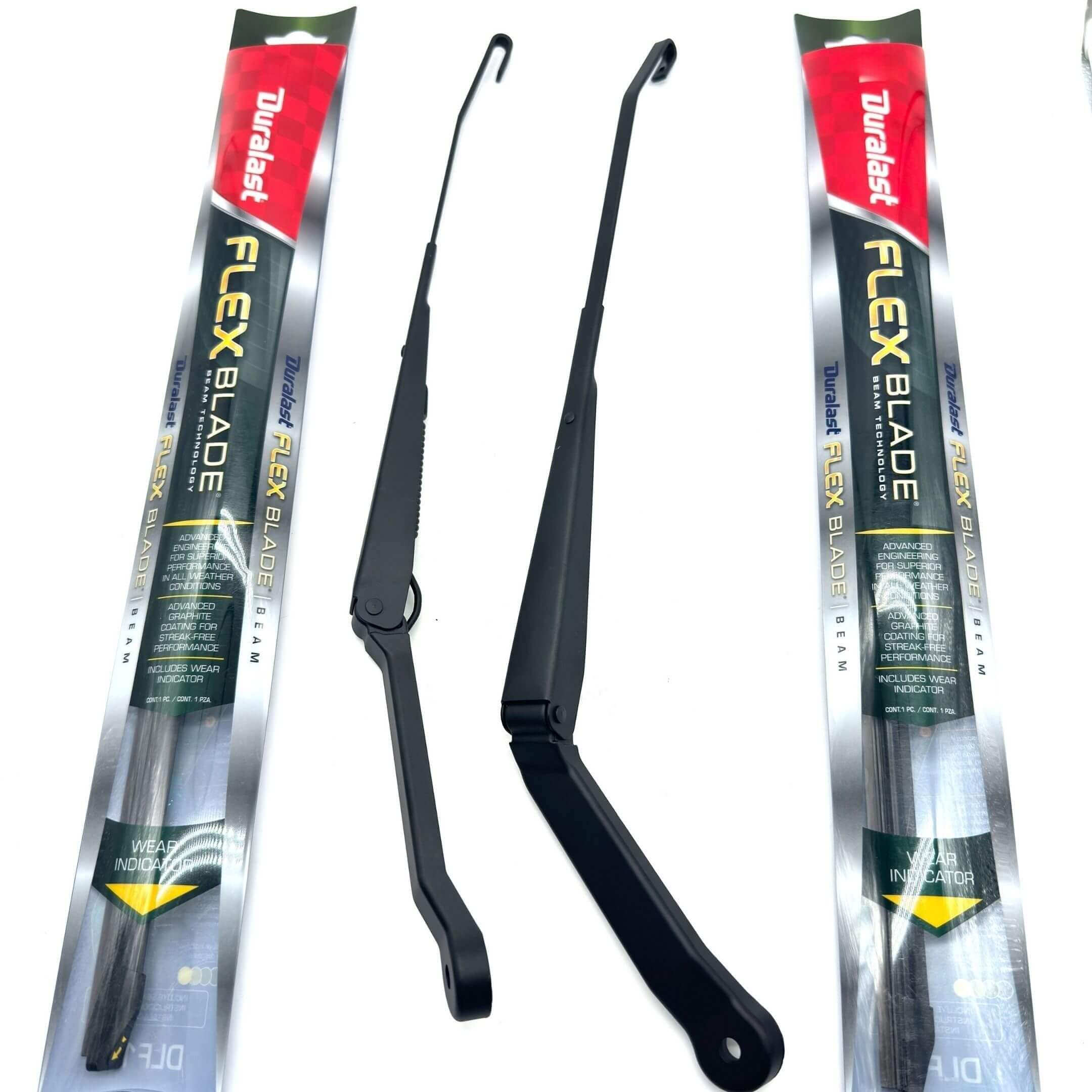 Wiper Arm & Wiper Blades Set for Subaru Sambar Wagon TW1, TW2 Models 1999-2012, featuring durable black arms and Duralast Flex Blade packaging.