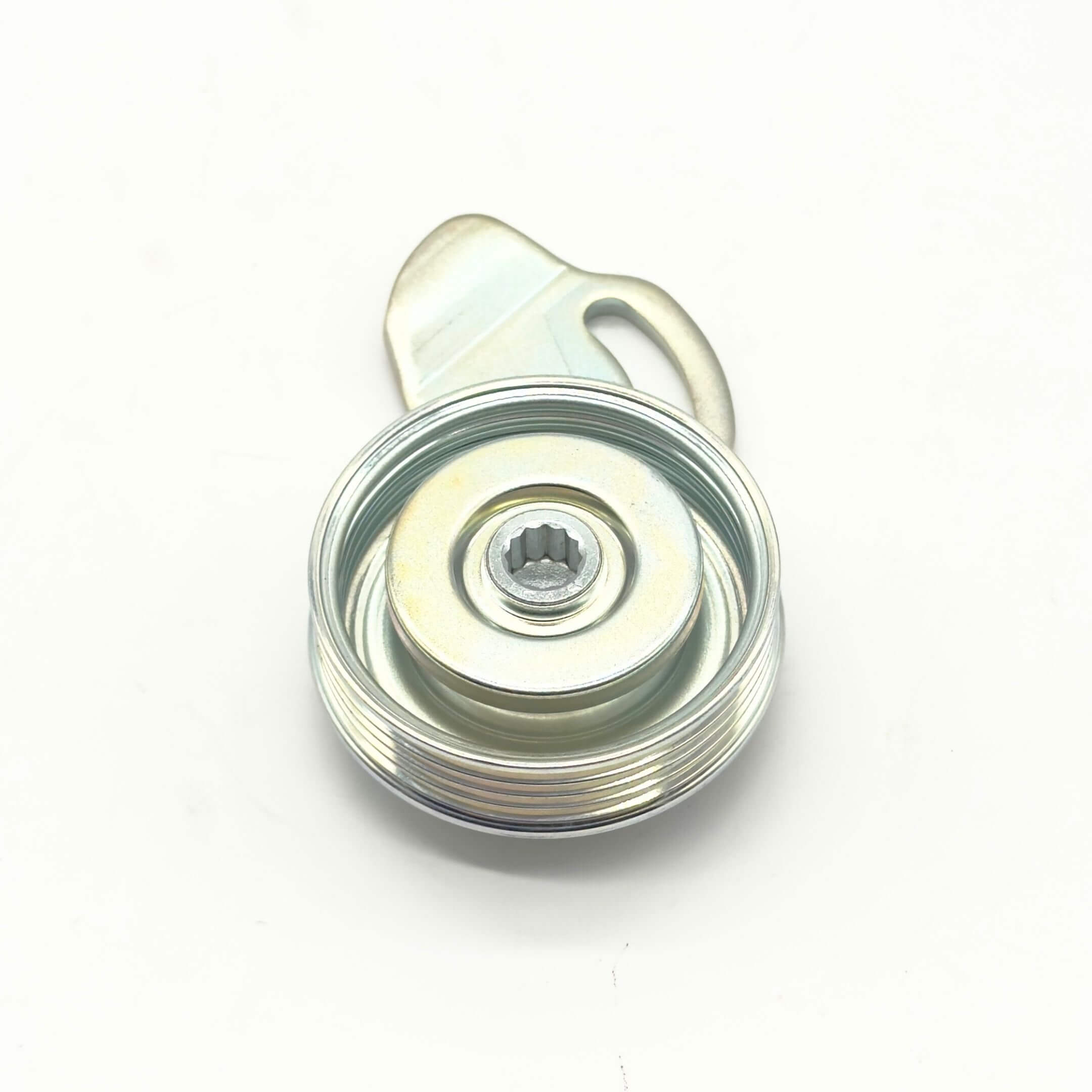 Supercharger Tensioner Pulley for Subaru Sambar Van TV1, TV2 Models (1999-2012) featuring a metallic finish and grooved design.