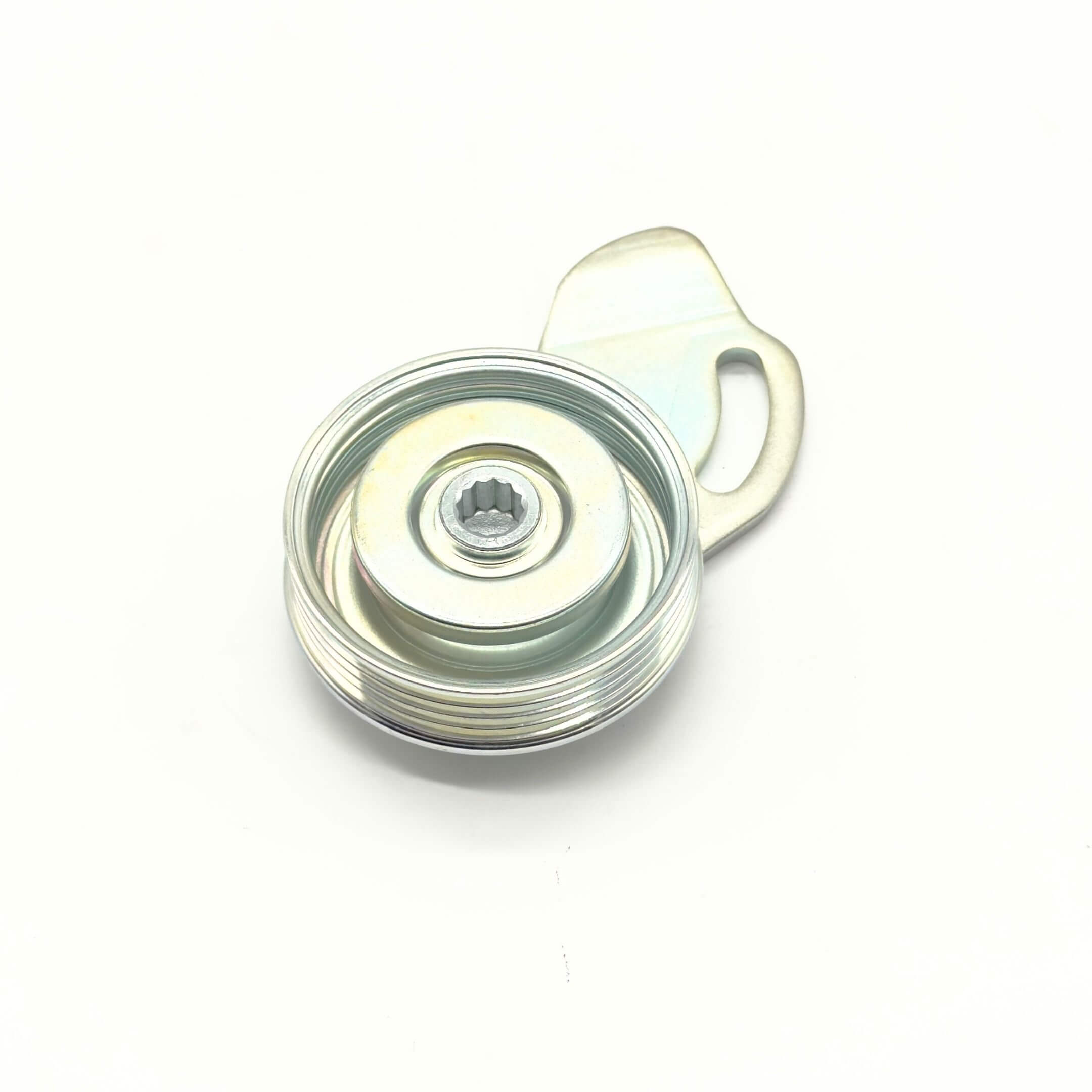 Supercharger Tensioner Pulley for Subaru Sambar Truck TT1, TT2 Models (1999-2012) featuring a metallic finish and grooved design.
