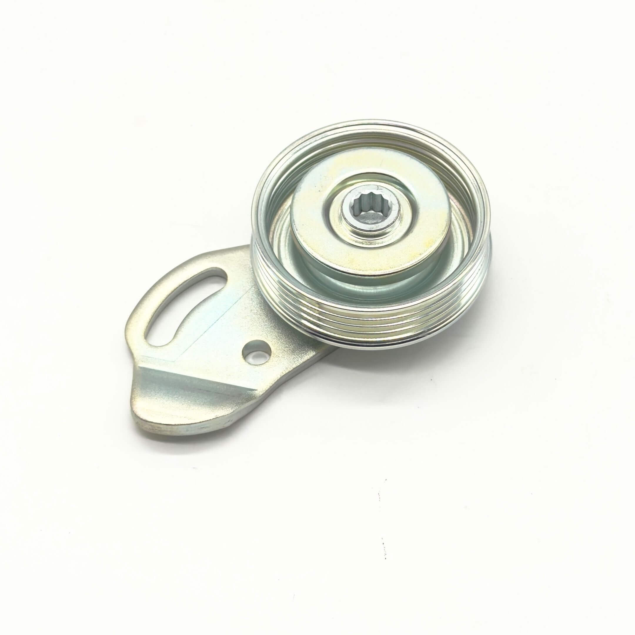 Supercharger Tensioner Pulley for Subaru Sambar Truck TT1, TT2 Models (1999-2012) featuring a durable metal construction and grooved design.