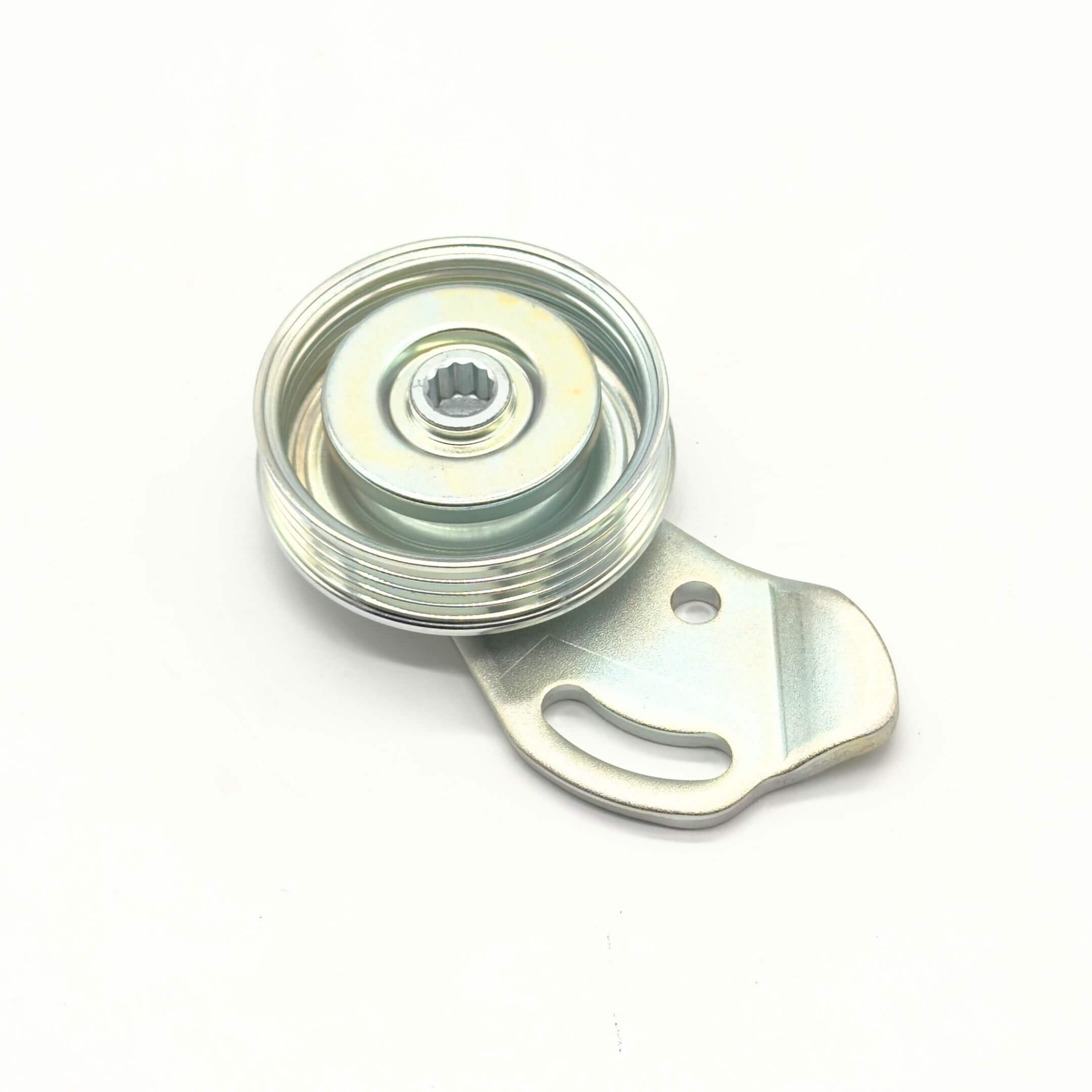 Supercharger Tensioner Pulley for Subaru Sambar Truck TT1, TT2 Models (1999-2012) featuring a metal bracket and grooved wheel design.