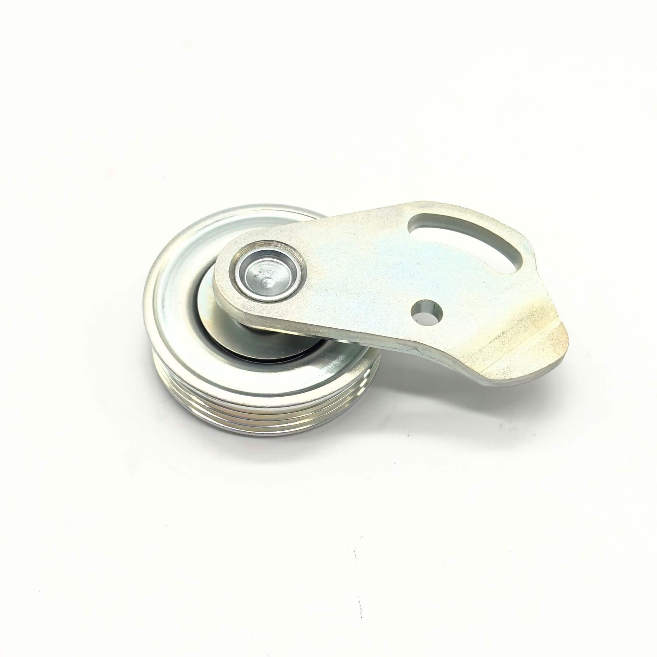 Supercharger Tensioner Pulley for Subaru Sambar Truck TT1, TT2 Models (1999-2012) featuring a durable metal construction with a smooth pulley wheel.