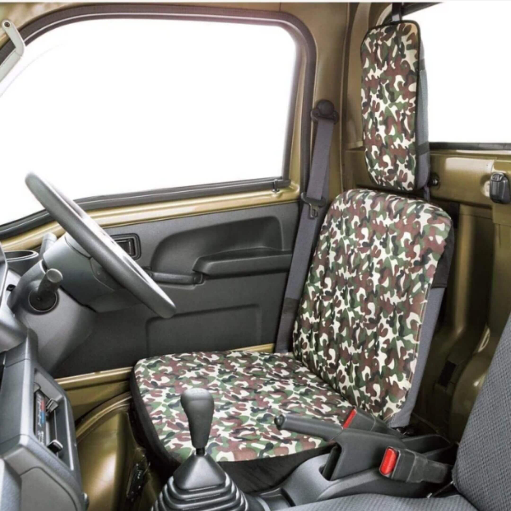 Waterproof Camo Seat Cover Set featuring a camouflage design, providing heavy-duty protection and universal fit for Kei trucks like Subaru Sambar and Honda Acty.