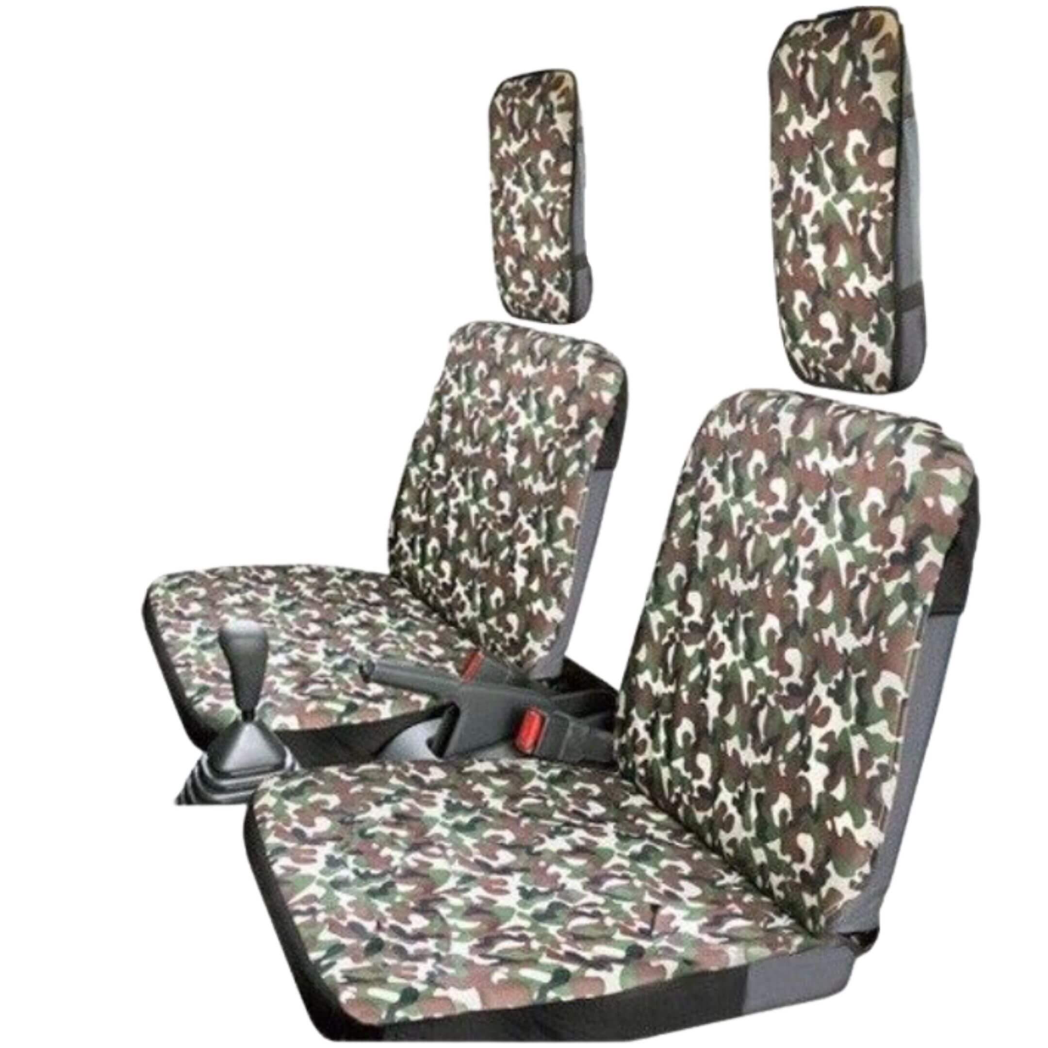 Waterproof Camo Seat Cover Set featuring a universal fit for Kei trucks with a heavy-duty camouflage design, suitable for models like Subaru Sambar, Honda Acty, and Suzuki Carry.
