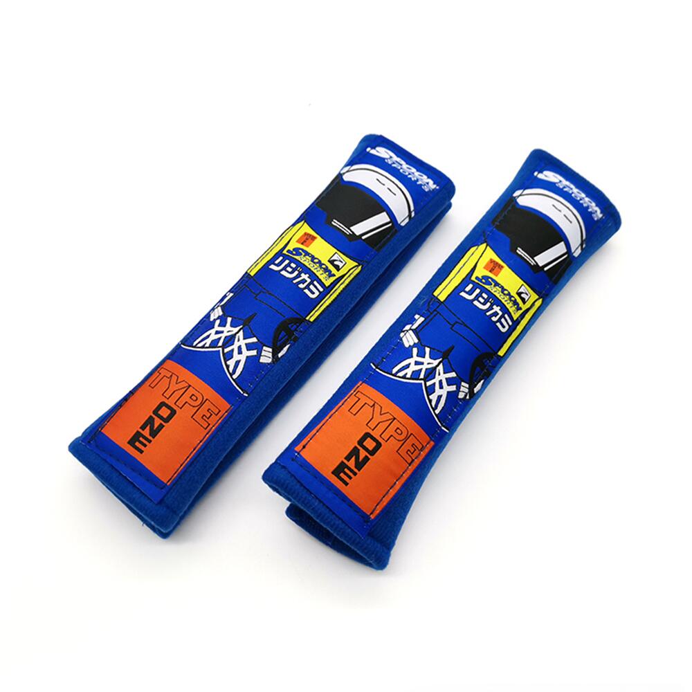 Racer Spoon Seatbelt Cover Set for Kei Trucks - Blue - Comfortable, Embroidered Cotton, Universal Fit, Easy to Install, Stylish Protection