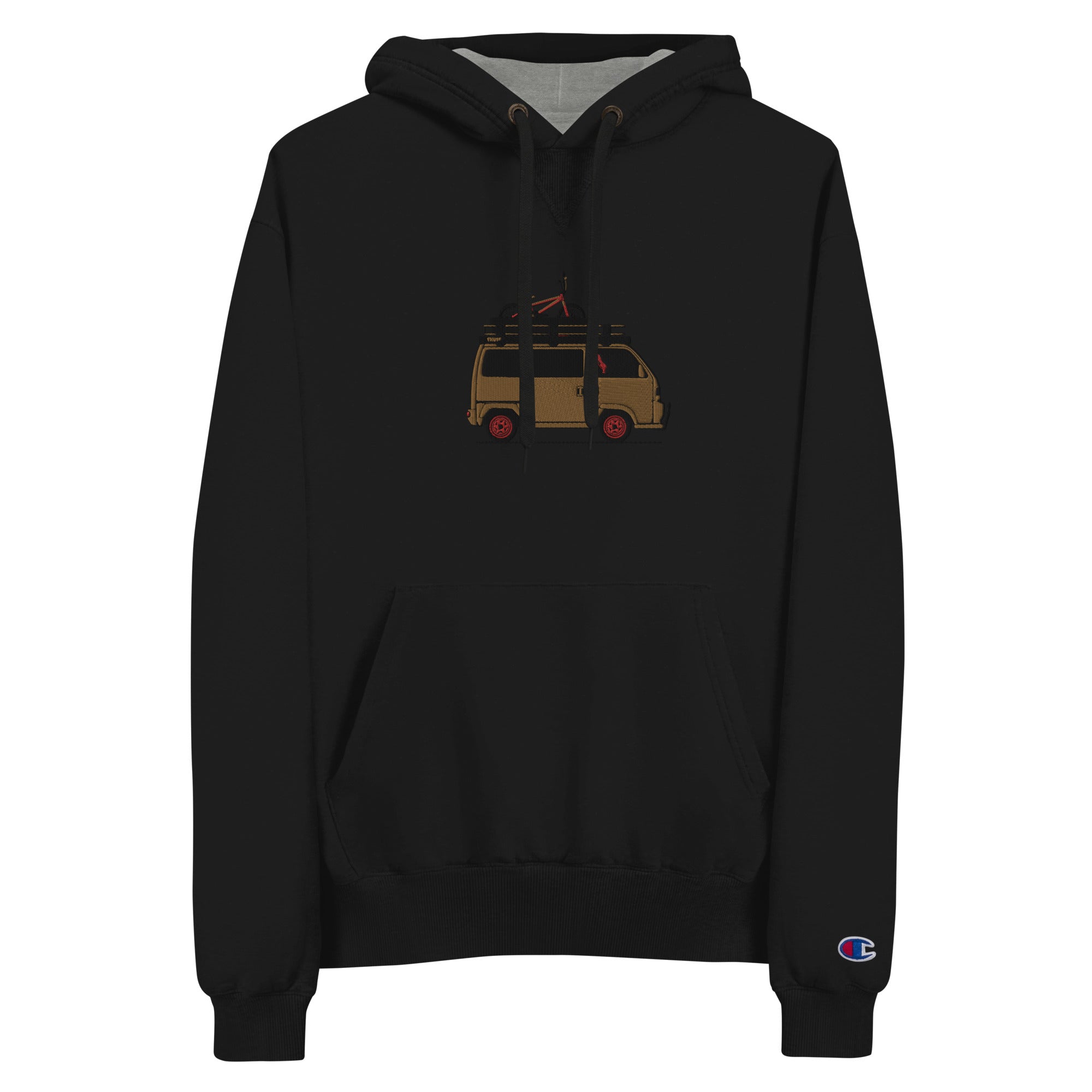 Black hoodie featuring an embroidered yellow Honda Acty with red wheels and a surfboard on top, made of soft fabric