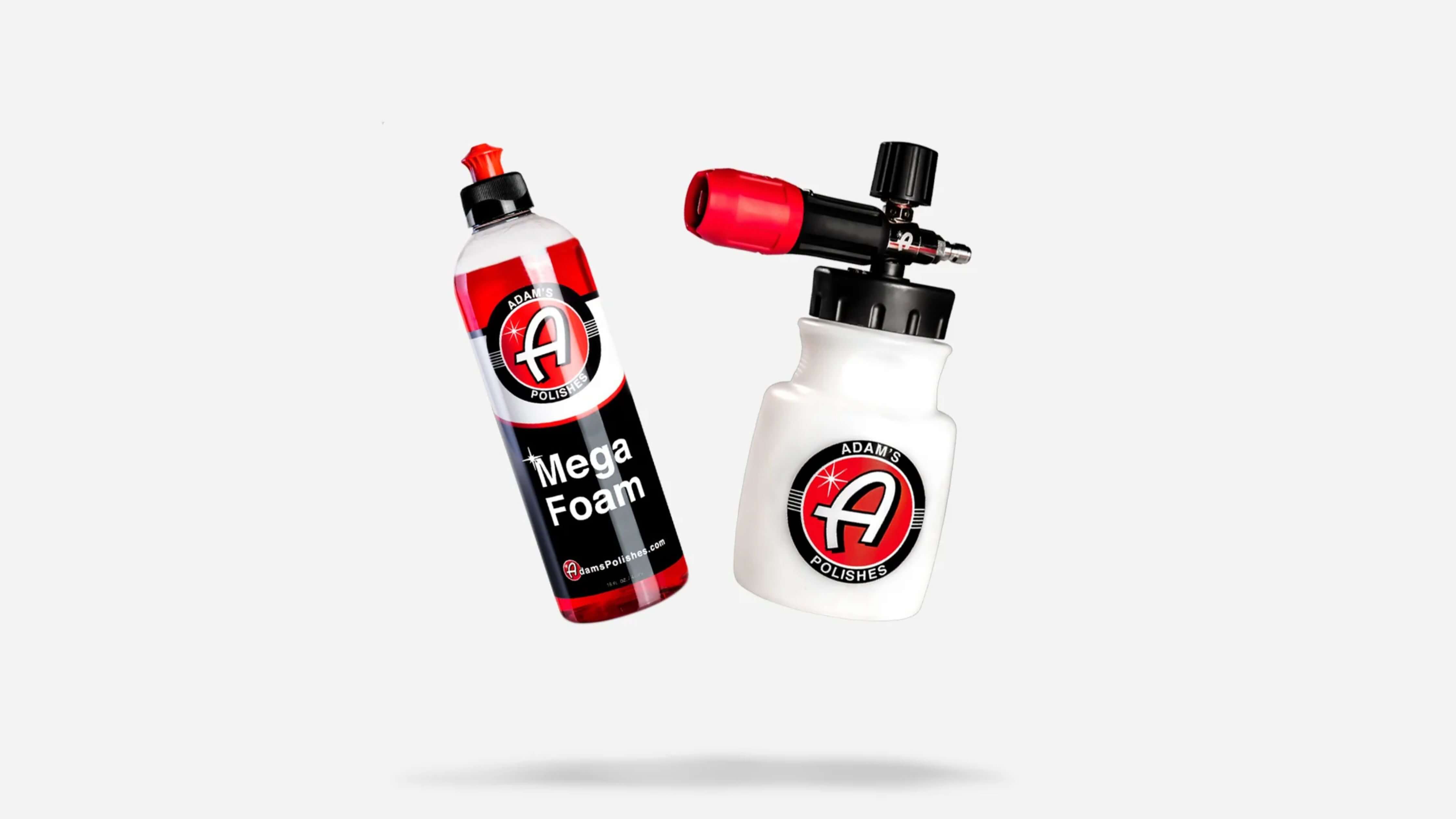 A bottle of Adam's Polishes Mega Foam and a foam cannon against a white background, symbolizing the best cheap car wash soap for ultimate shine.