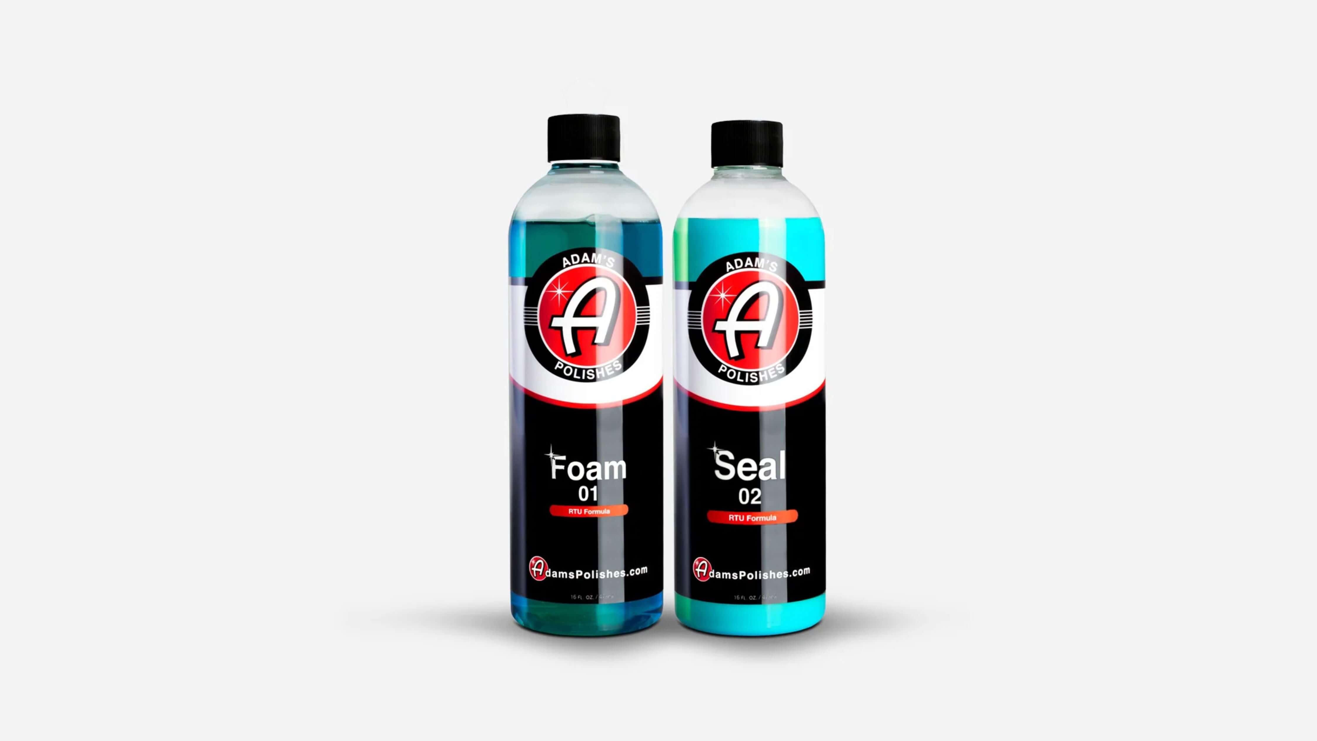 Best car wash kit by Adam's Polishes featuring two bottles labeled Foam 01 and Seal 02 with black caps.