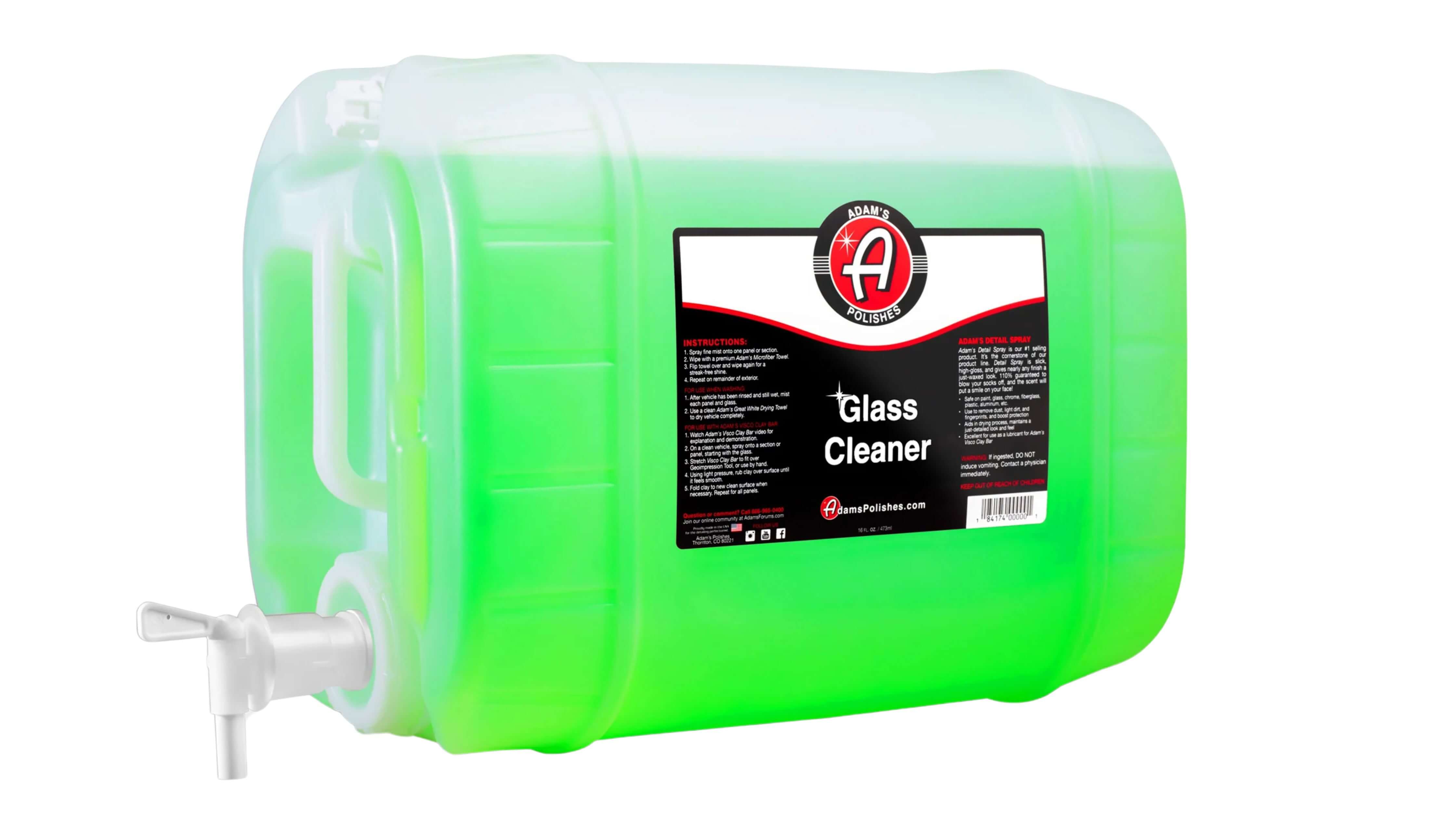 A large green container of Adam's Polishes Glass Cleaner with a spout and label.