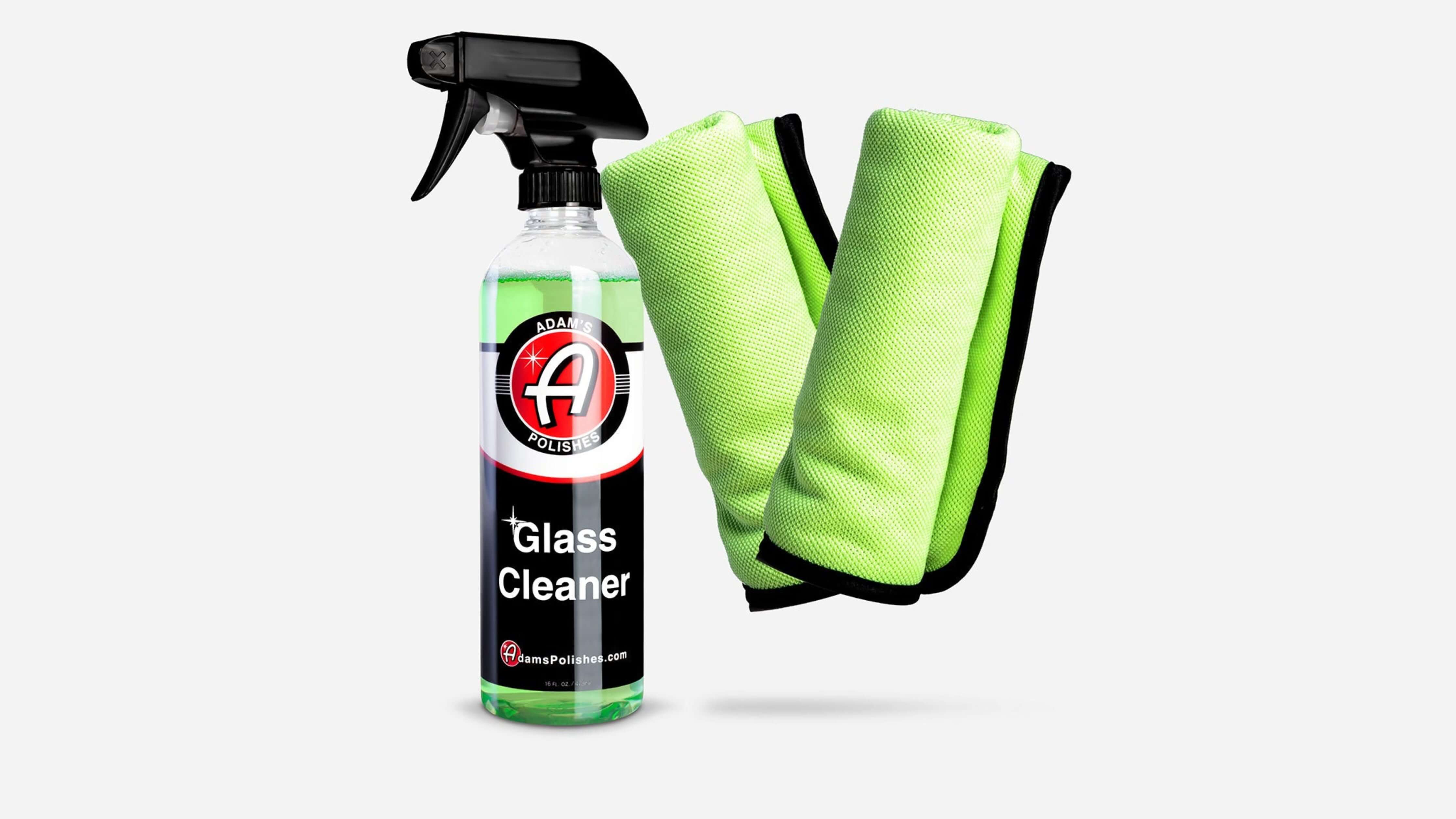 Adam's Polishes Glass Cleaner with microfiber cloths for streak-free shine.