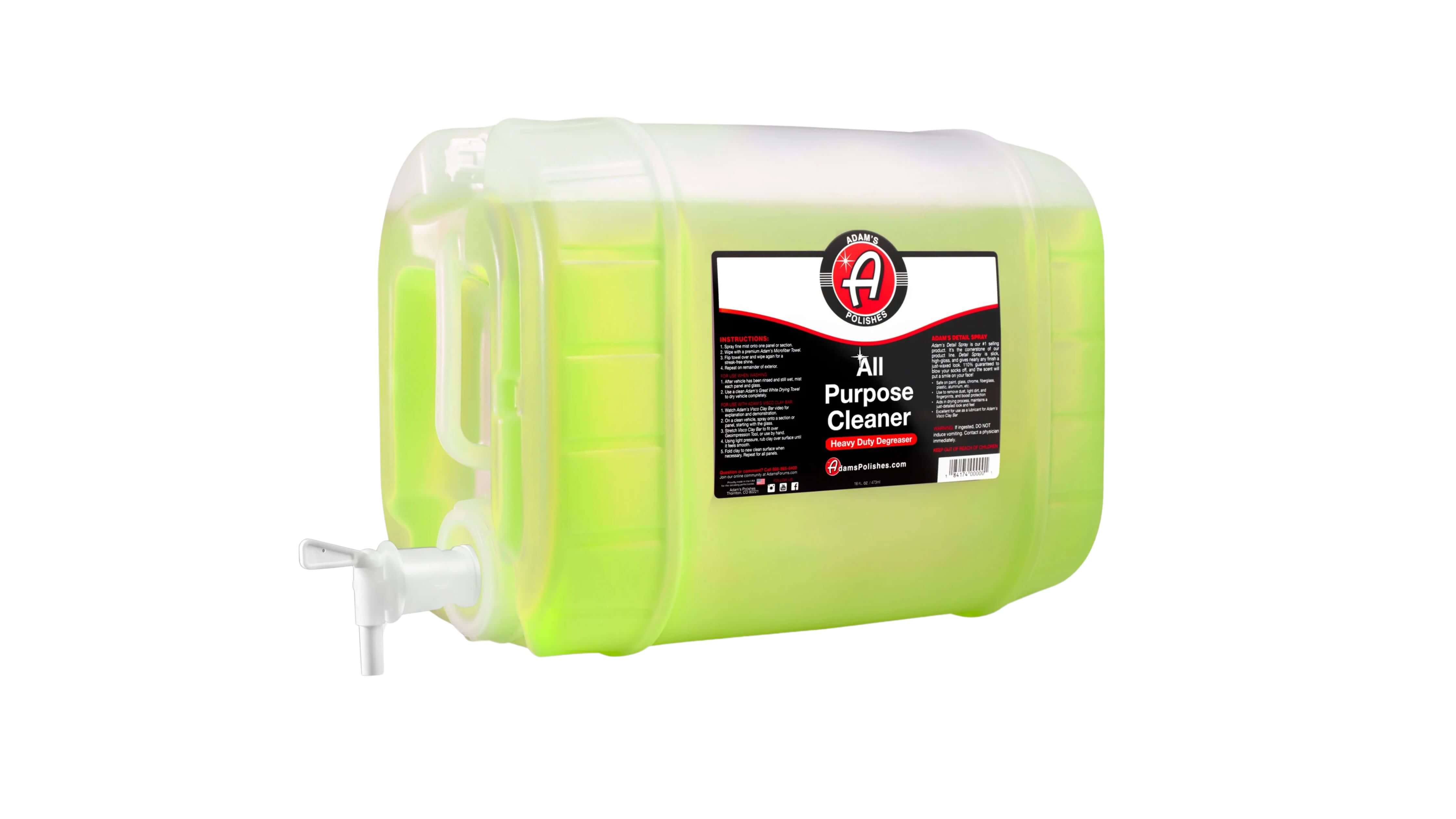 Adam's Polishes All Purpose Cleaner with a spout, bright green liquid inside.