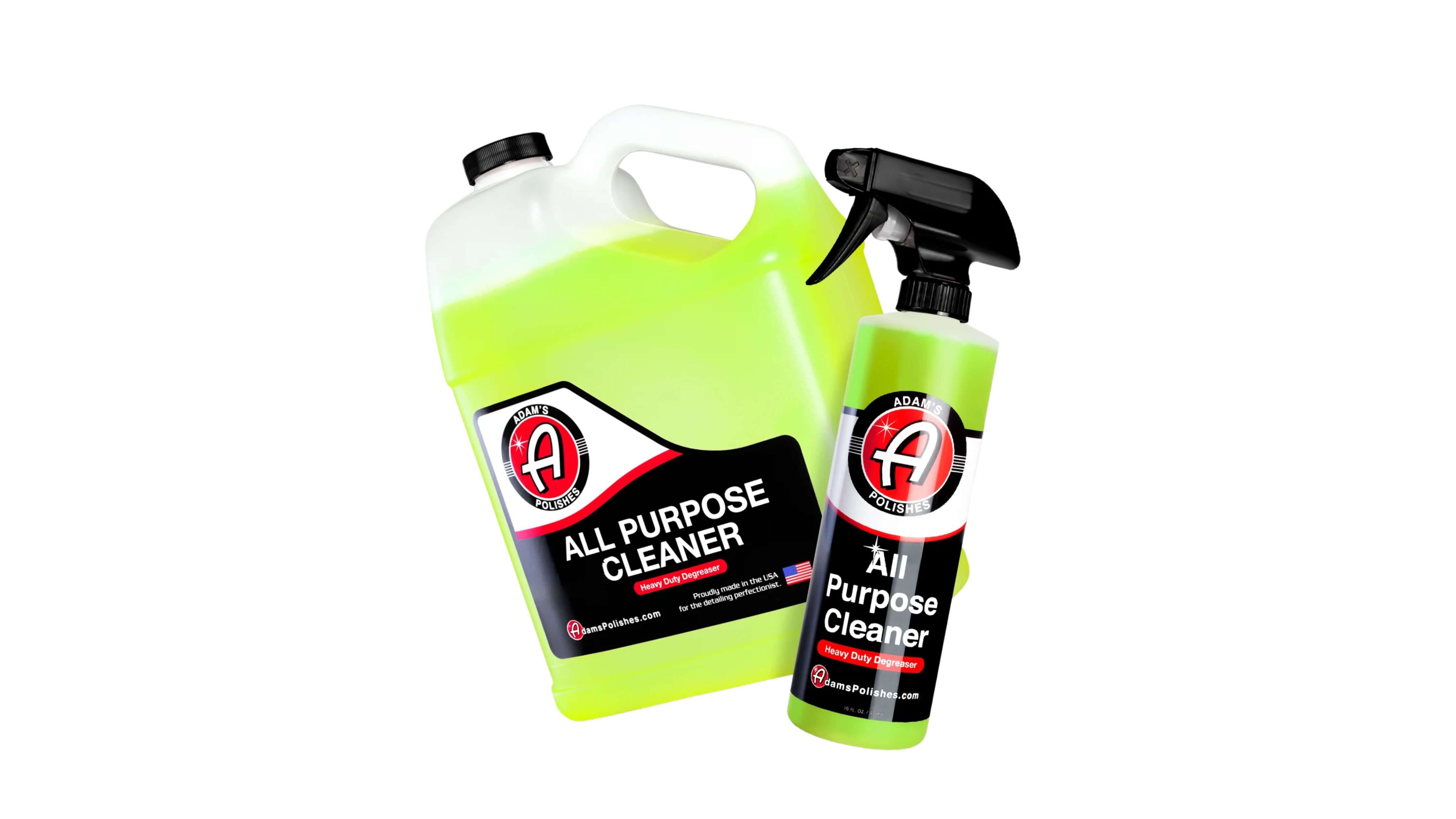 Adam's Polishes All Purpose Cleaner for car interiors, featuring a spray bottle with bright green liquid.