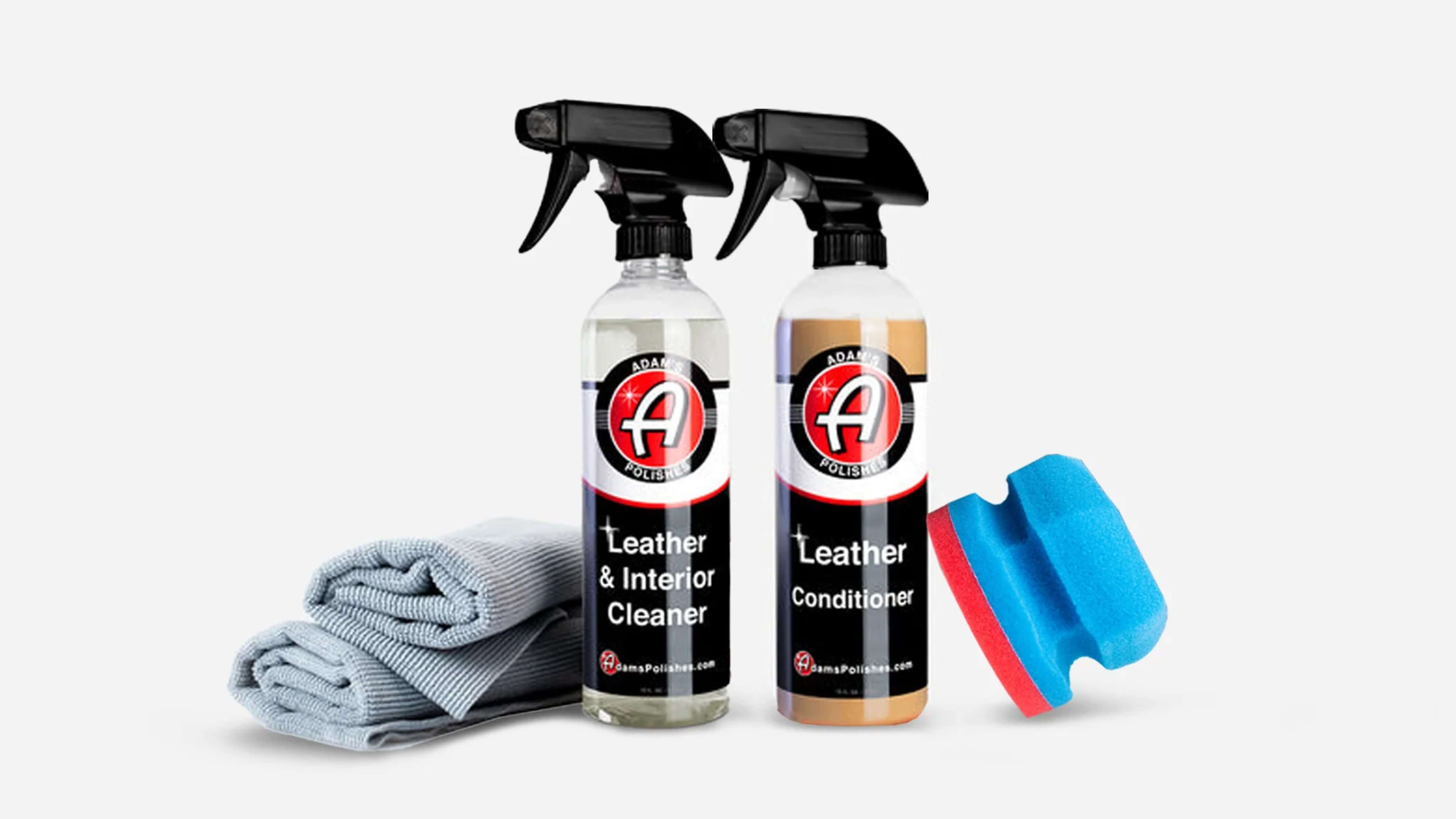 Two bottles of Adam's Polishes leather care products with cleaning accessories.