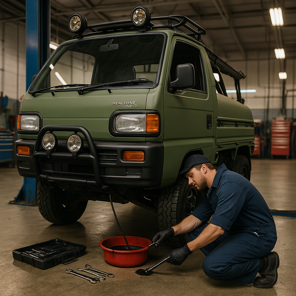Mechanic in navy coveralls replacing the oil filter on a green Honda Acty kei truck inside a professional auto shop, with tools and oil drain pan on concrete floor
