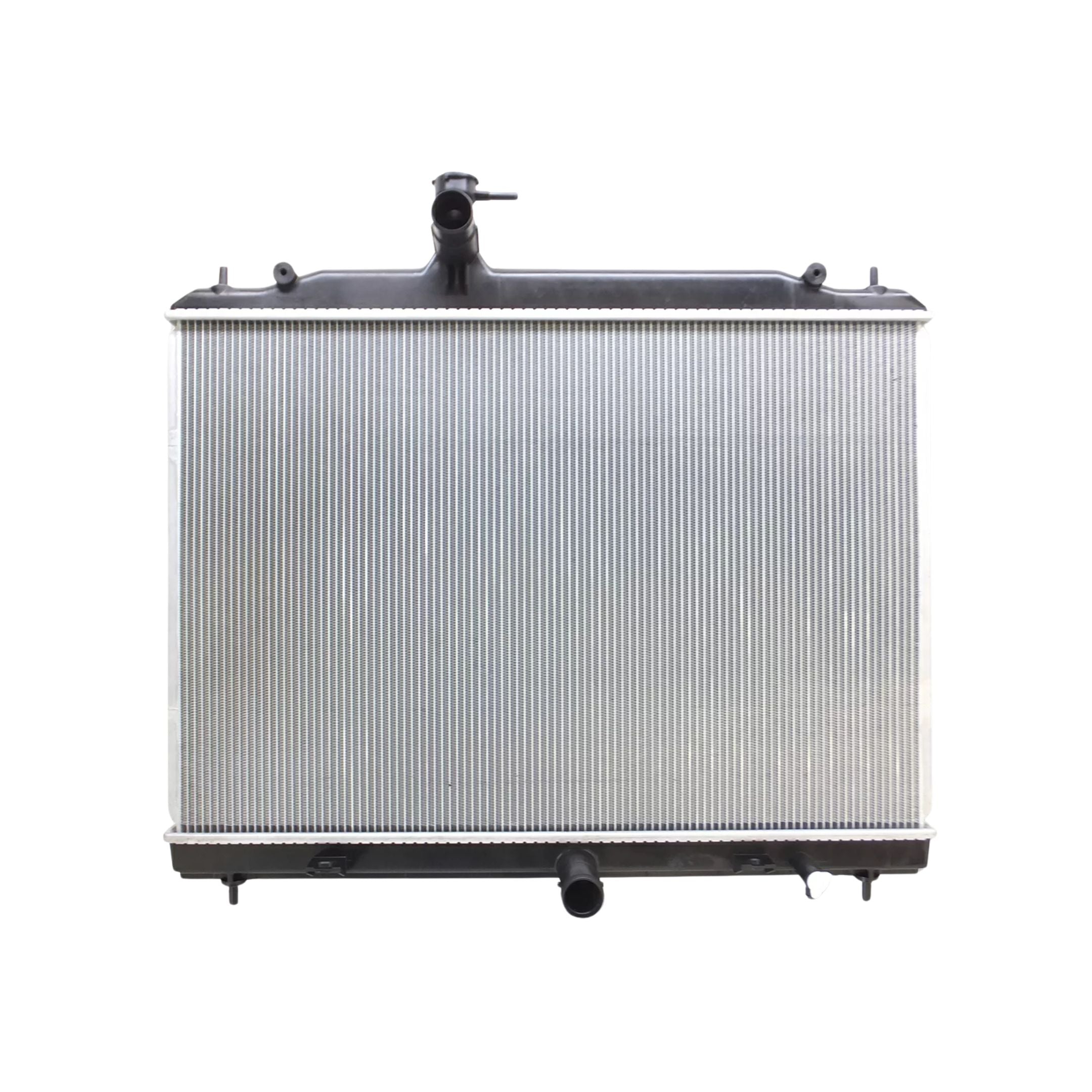 Aluminum radiator core with upper and lower hose ports, cooling system replacement for Daihatsu Hijet S100 and S110 Kei Truck models (1994-1998).