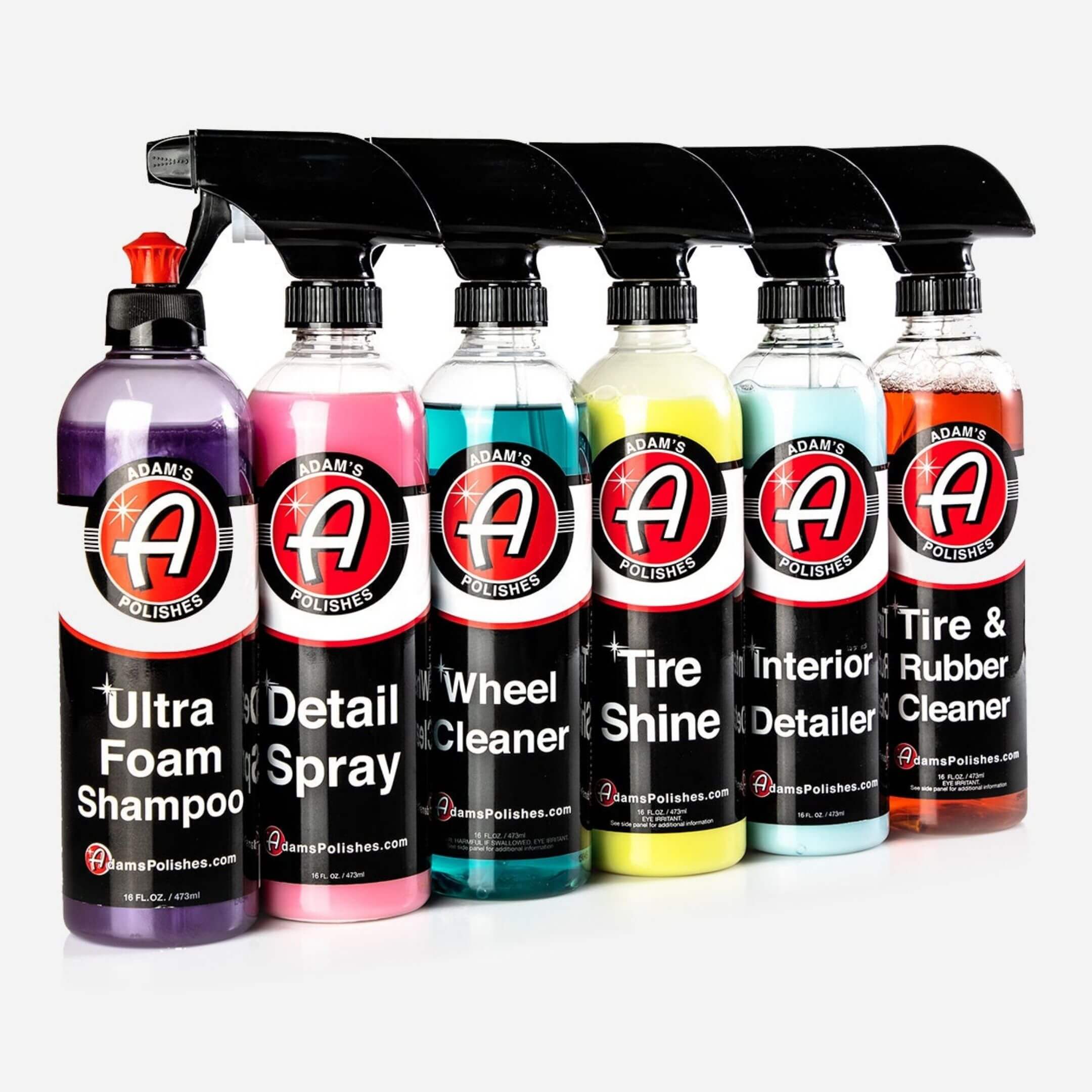 Car wash kit featuring Adam’s Polishes Ultra Foam Shampoo, Detail Spray, Wheel Cleaner, Tire Shine, Interior Detailer, and Tire & Rubber Cleaner for a complete clean.