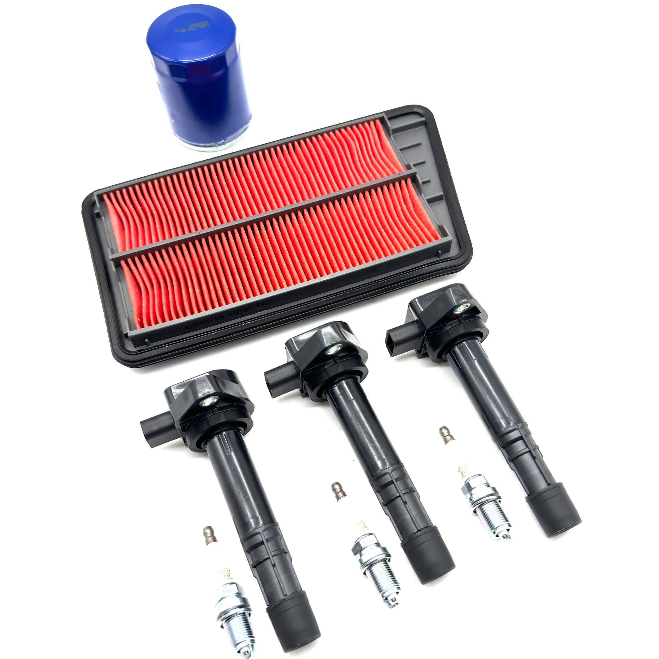 Filter & Ignition Set for Honda Vamos Van HM1, HM2 Models 1999-2018 featuring red air filter, blue oil filter, ignition coils, and spark plugs.