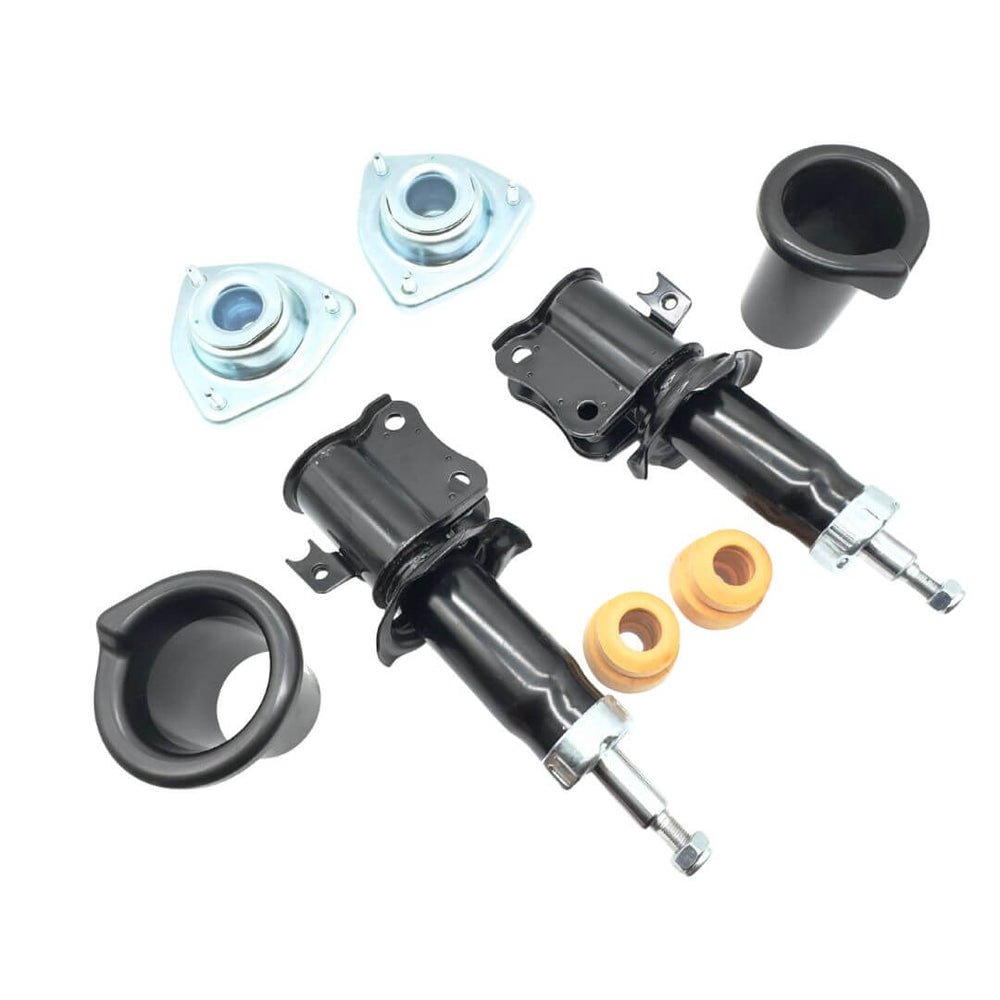 Front Shock Absorber Kit for Daihatsu Hijet Truck S100, S110, S210 (1994-1998) featuring shock absorbers, spring bumper cushions, bumper cushion guides, and upper shock mounts.