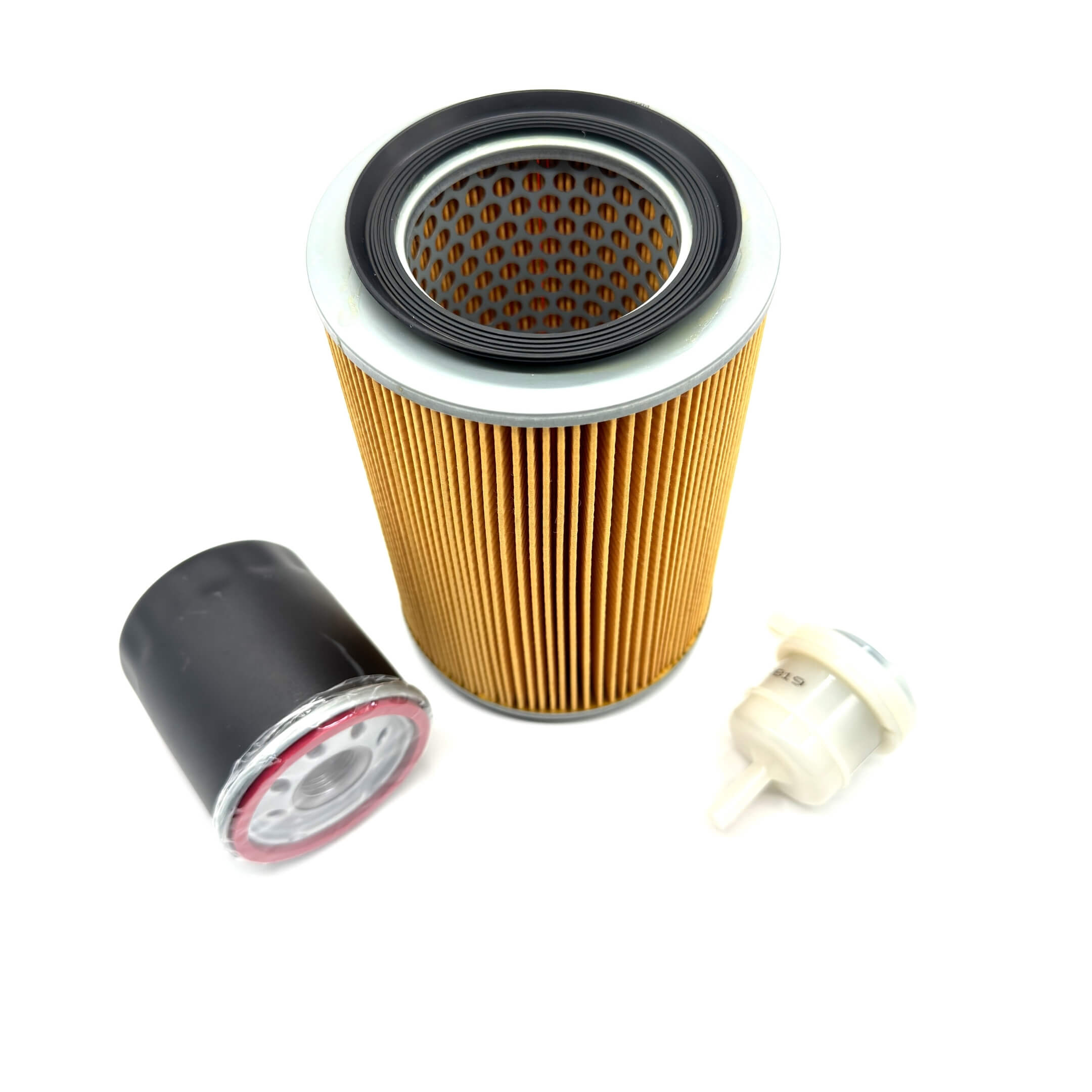 Daihatsu Hijet Truck S201P, S211P (2005-2014) maintenance filter kit featuring pleated engine air filter element, black spin-on oil filter cartridge, and inline plastic fuel filter strainer – Filter Collection.