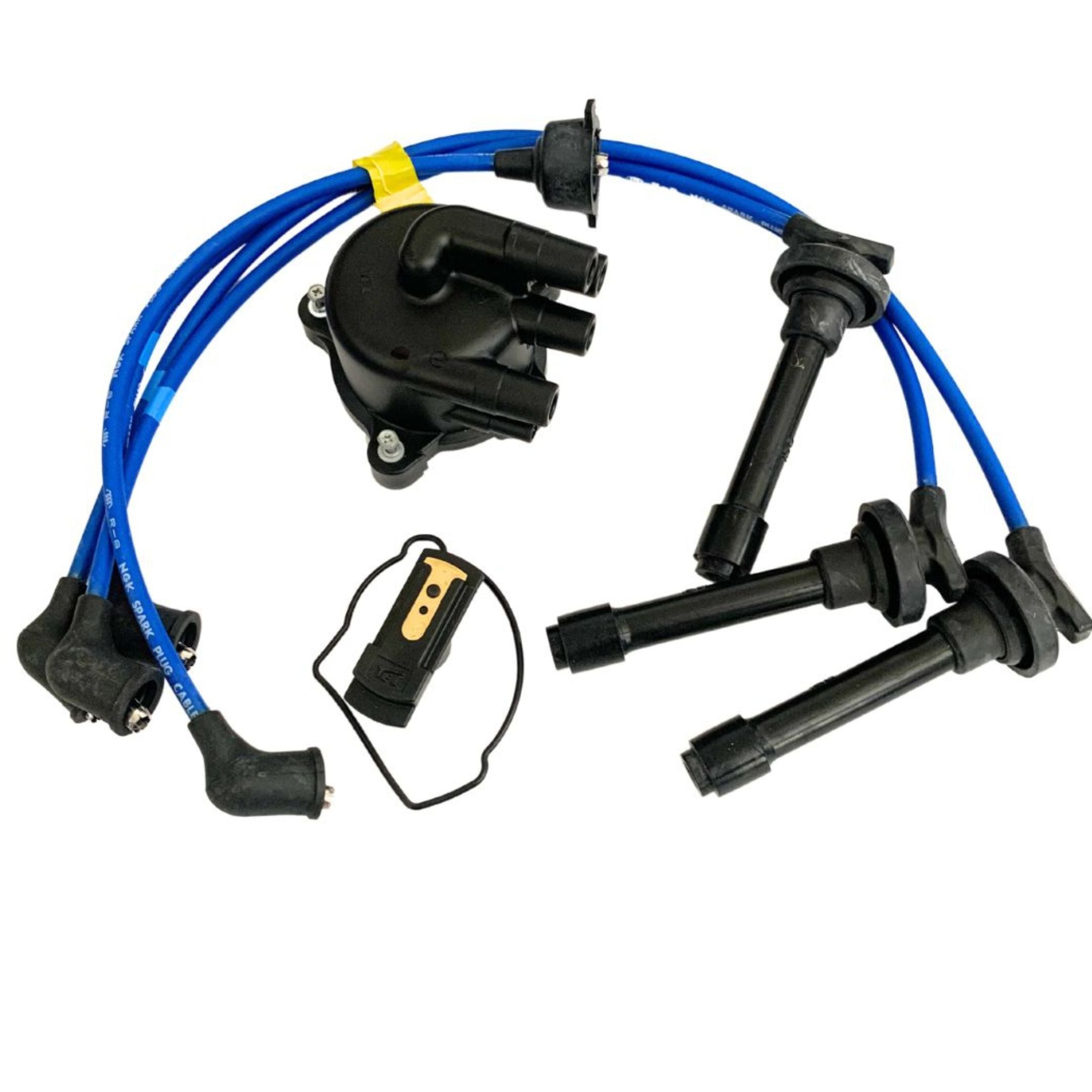 Honda Acty Ignition Kit featuring premium spark plug wires, distributor cap, rotor, and gasket for reliable engine starts, compatible with HA3-HA9 trucks and HH3-HH6 vans.