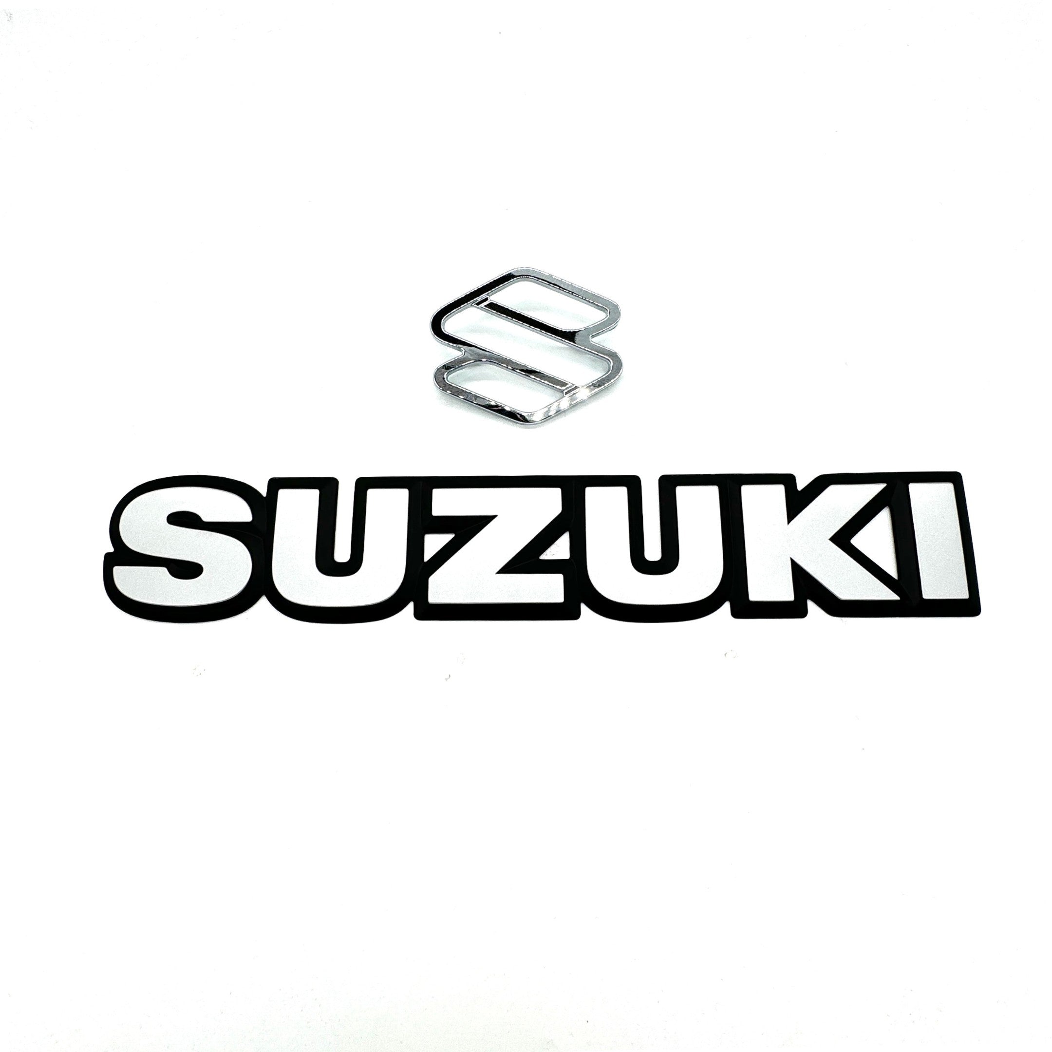 Chrome Suzuki emblem and bold decal set for Suzuki Carry Truck DC51T, DD51T models (1991–1998) — perfect OEM-style replacement decals for restoring original Kei truck branding.