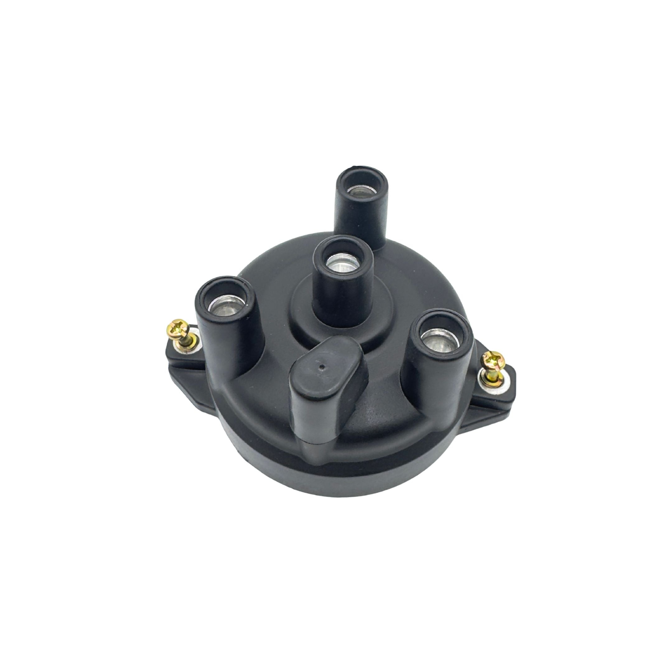 Distributor cap for Suzuki Carry DC51T and DD51T 1991 to 1999, close up front top view showing four plug terminals and mounting screws for the ignition system.