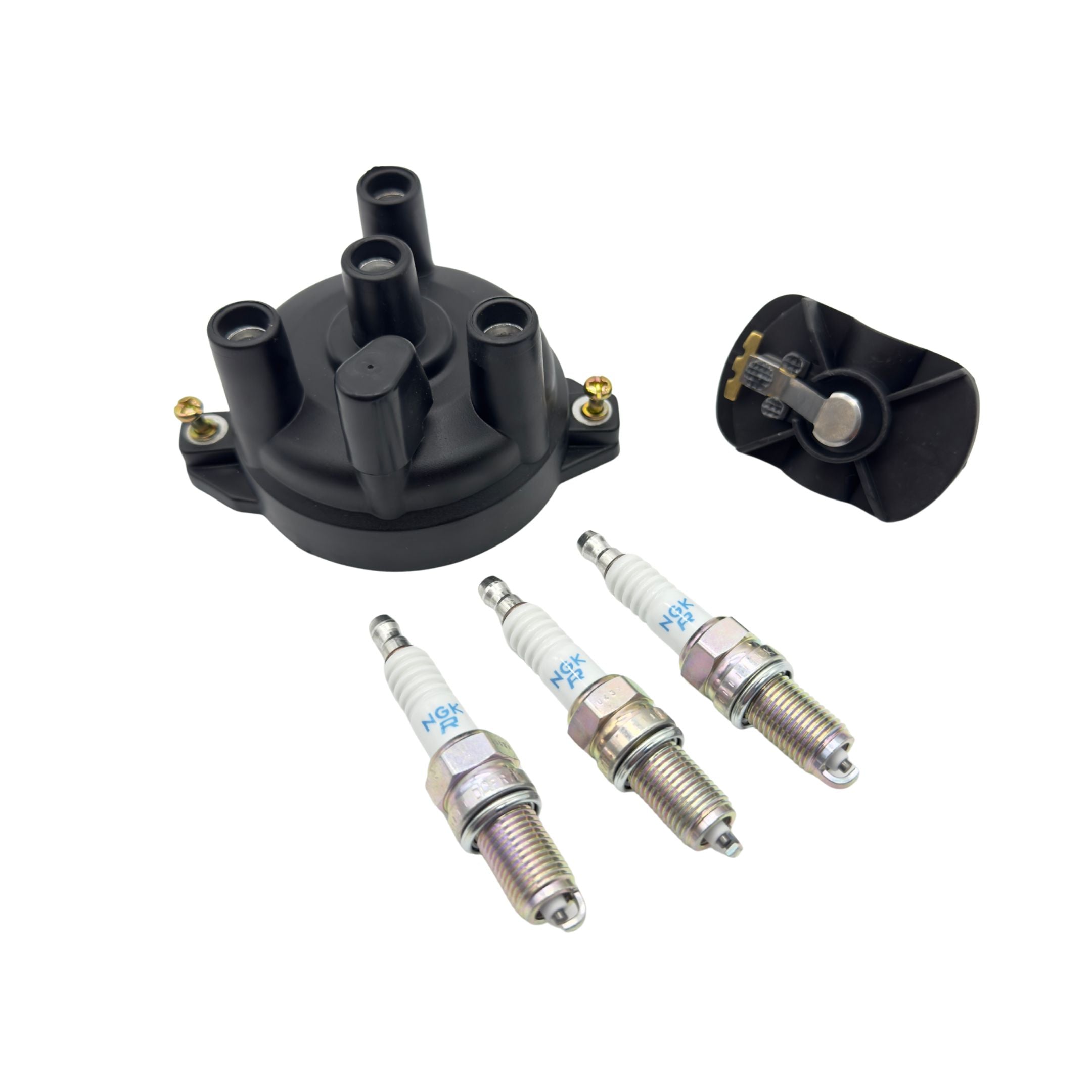 Ignition kit for Suzuki Carry DC51T and DD51T 1991 to 1999, showing distributor cap, rotor, and three NGK spark plugs arranged on a clean white background for a full tune up replacement.