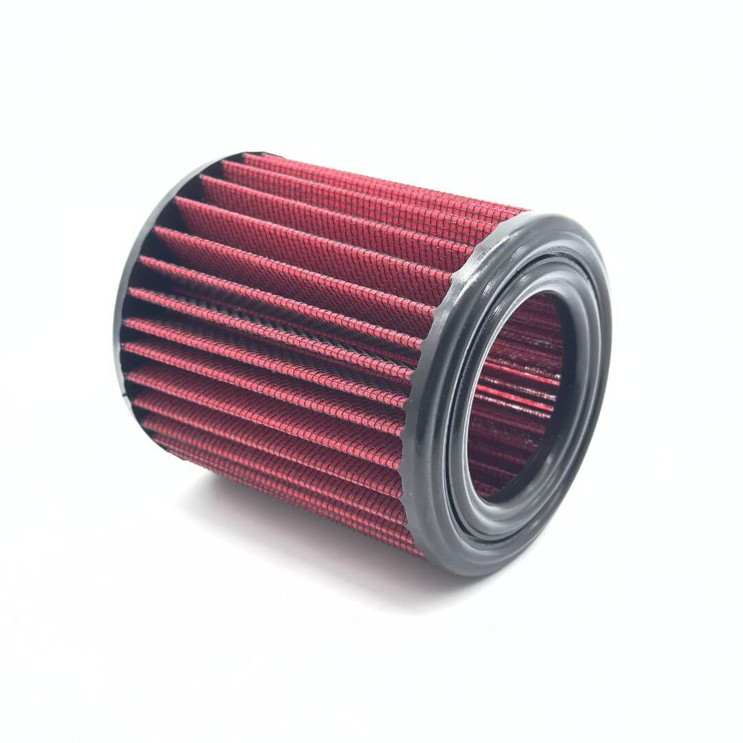 Oiwa GhostFlow Performance air filter for Honda Acty Van HH3, HH4 models (1990-1999) features a cylindrical design with red pleated material and a black rubber frame.