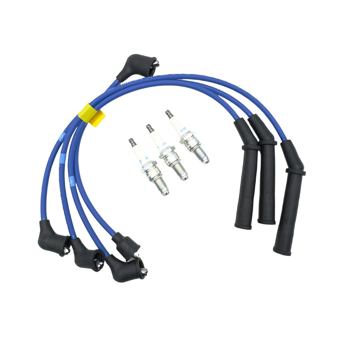 Ignition Kit - 7 Piece featuring blue spark plug wires and three spark plugs for Daihatsu Hijet Truck EFNS Engines, models S100P, S110P, S100C, S110C, S100CT, S110CT, from 1/1994 to