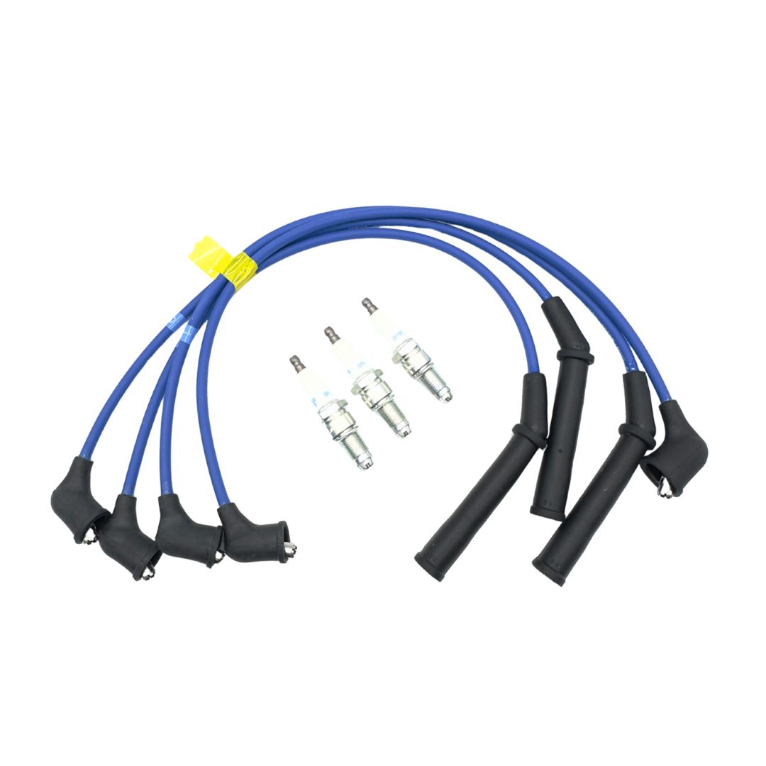 Ignition Kit - 7 Piece for EFNS Engines, featuring blue spark plug wires and spark plugs, compatible with Daihatsu Hijet Truck models S100P, S110P, S100C, S110C, S100CT, S110CT from 6/1997 to