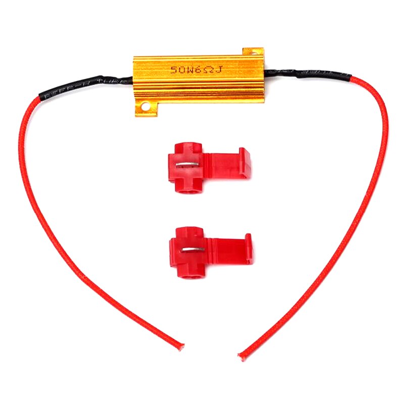 Single 50W 6 ohm LED load resistor with two red tap splice connectors, prevents rapid blinking after LED turn signal conversion