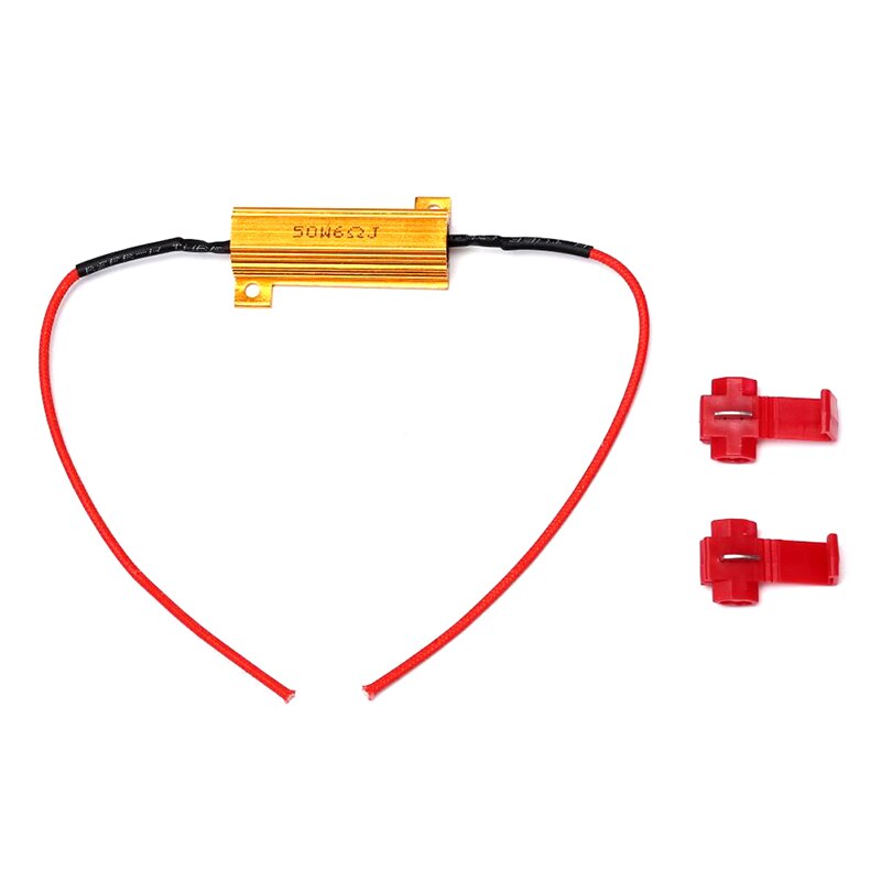 Gold 50W 6 ohm LED load resistor with red tap splice connectors on white background, hyper flash eliminator for LED conversions.