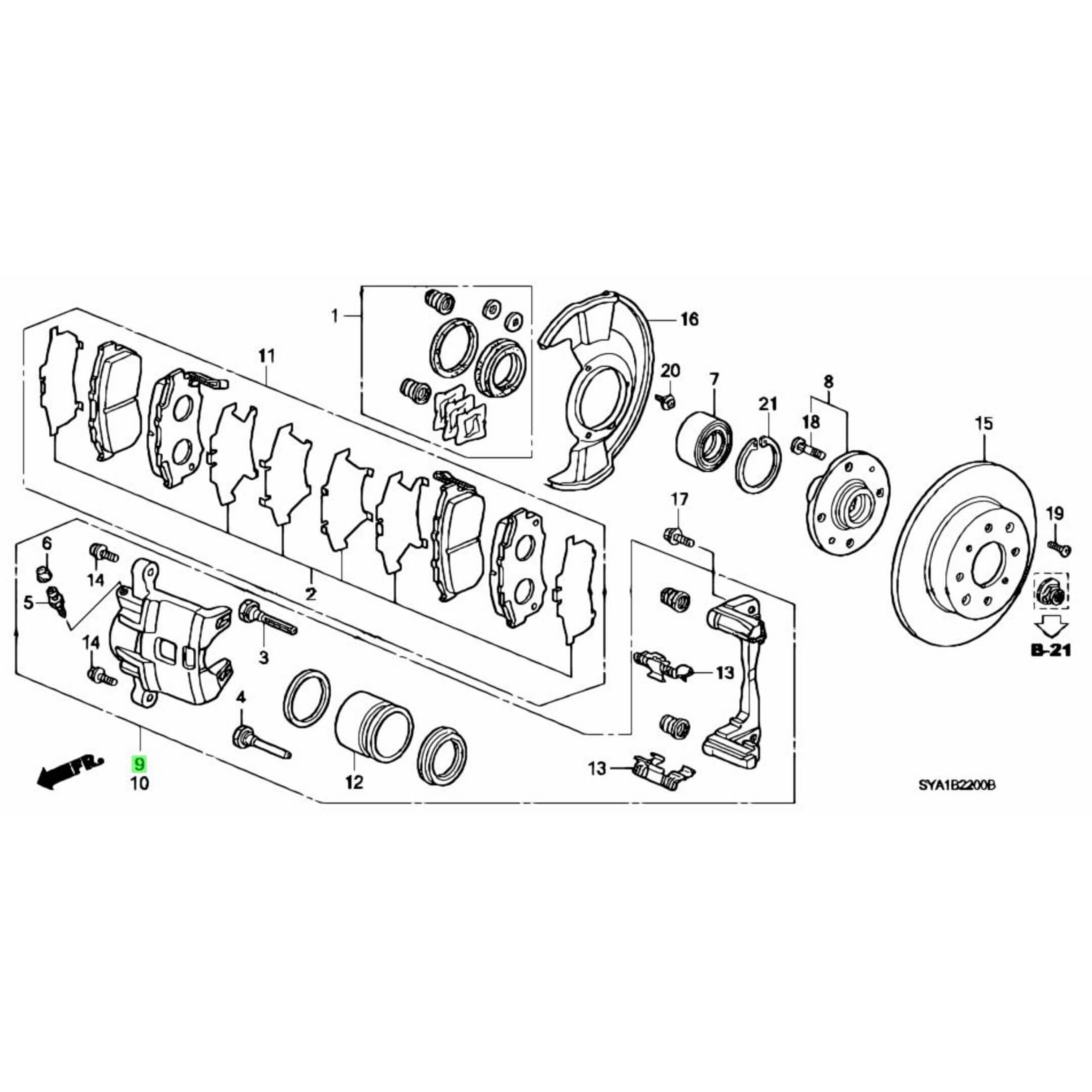 Exploded diagram of brake system for Honda Acty, highlighting driver-side caliper assembly