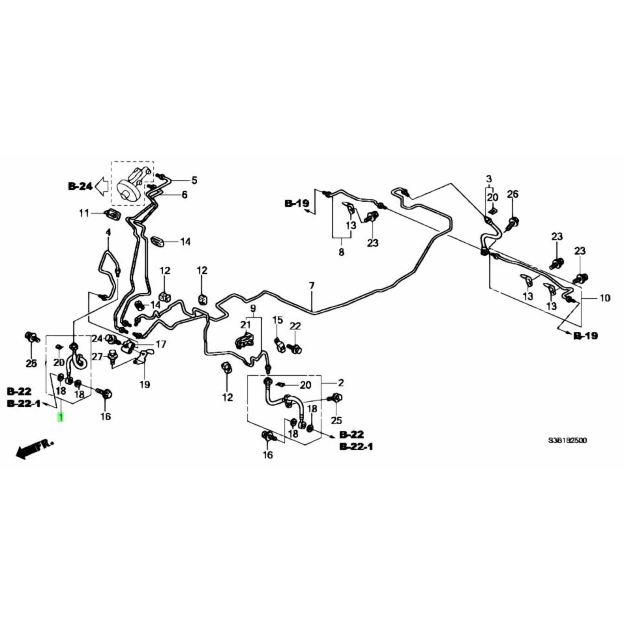 Technical diagram of the front brake hose for the right side of Honda Vamos Van HM1, HM2 models from 1999 to 2018.