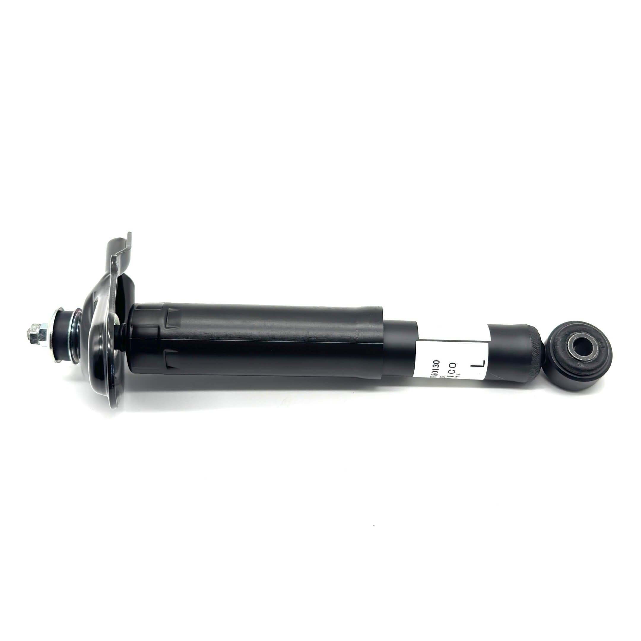 Angled image of rear left shock absorber displaying connection points and premium build.