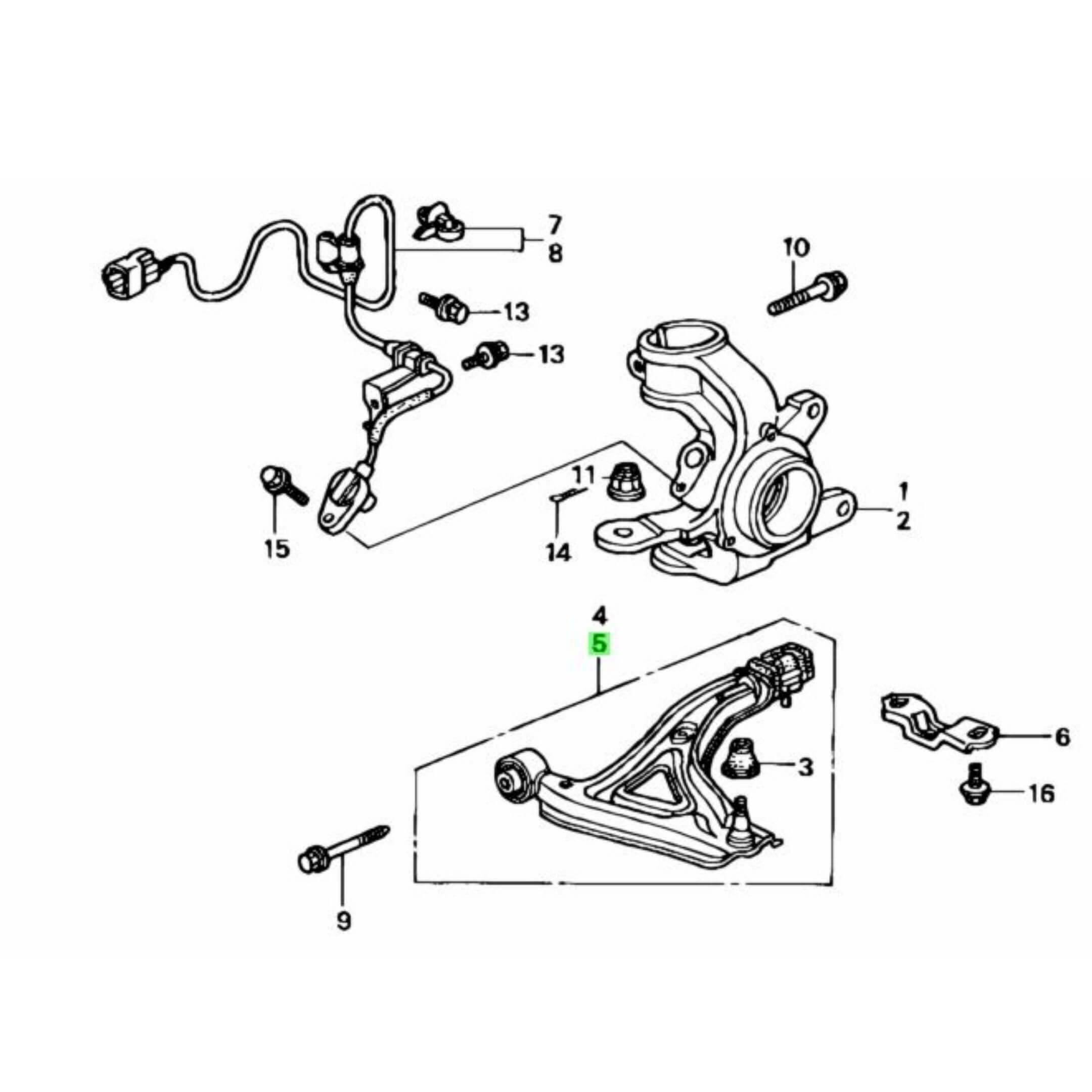 Technical diagram of Lower Control Arm for Honda Acty Van HH5, HH6 models (1999-2009), showcasing parts and assembly details.