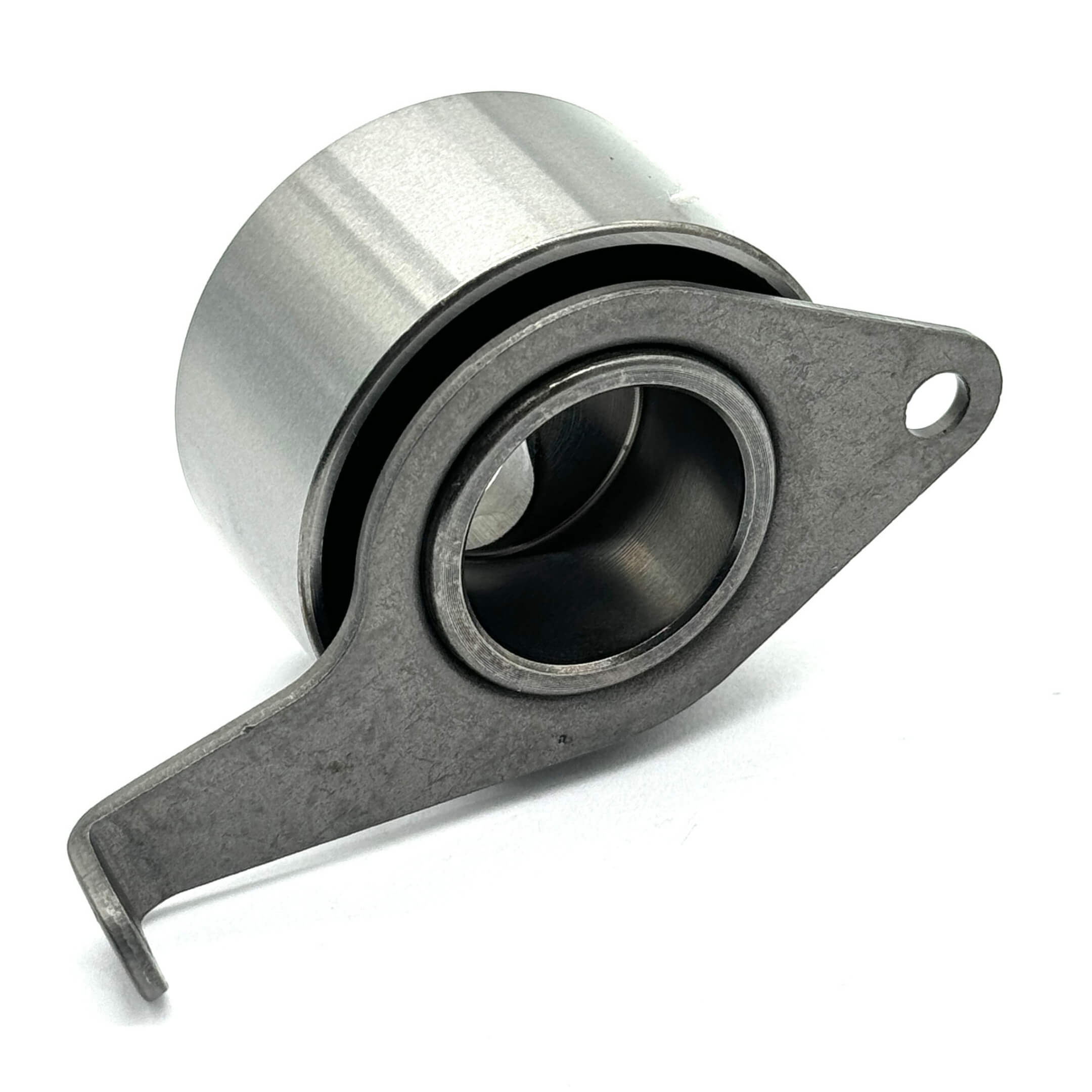 Close-up of Daihatsu timing belt tensioner pulley with mounting bracket, tailored for S100P and S110P Hijet Trucks.