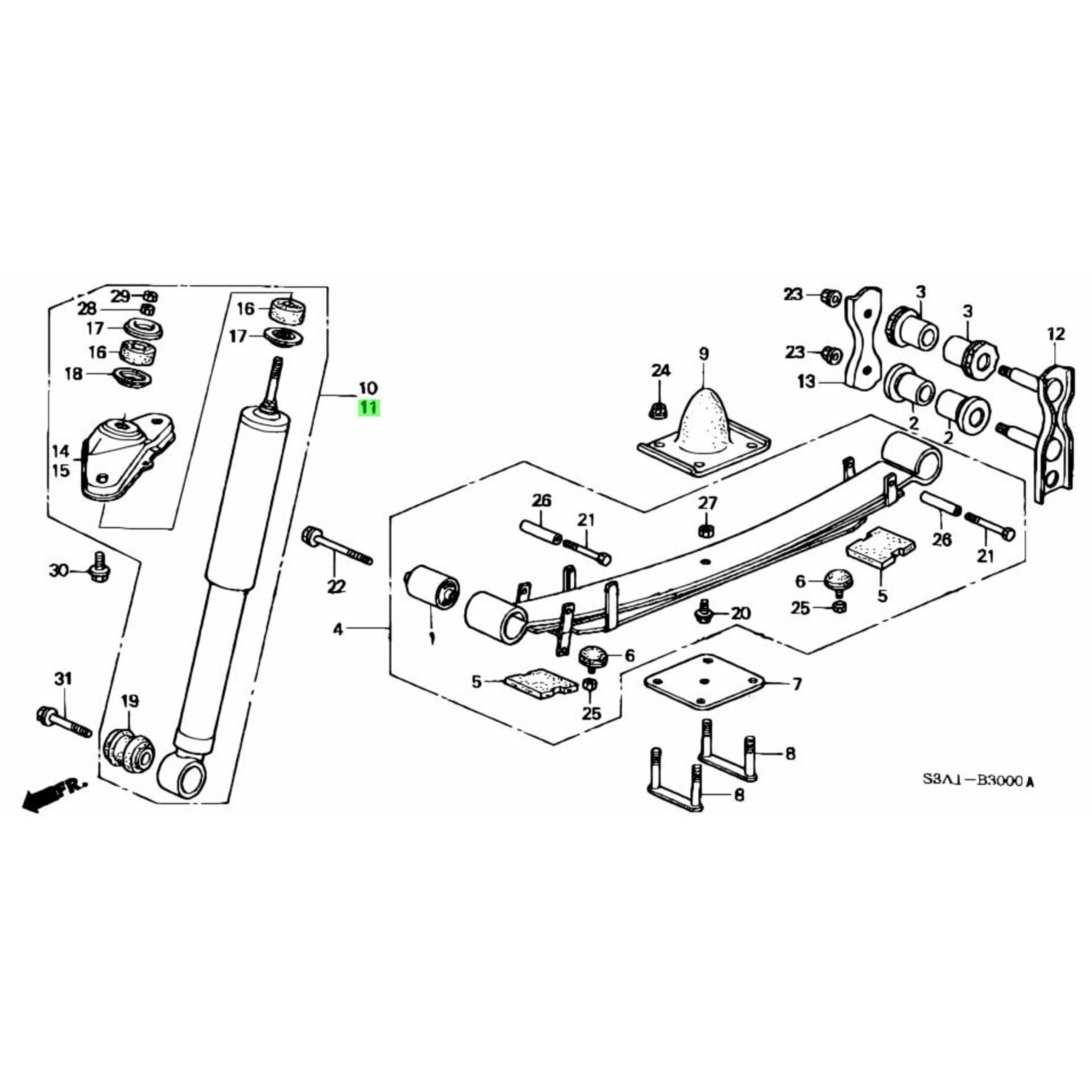 Exploded diagram showing the position of the rear left shock absorber in the Honda Acty HA6, HA7 suspension assembly.