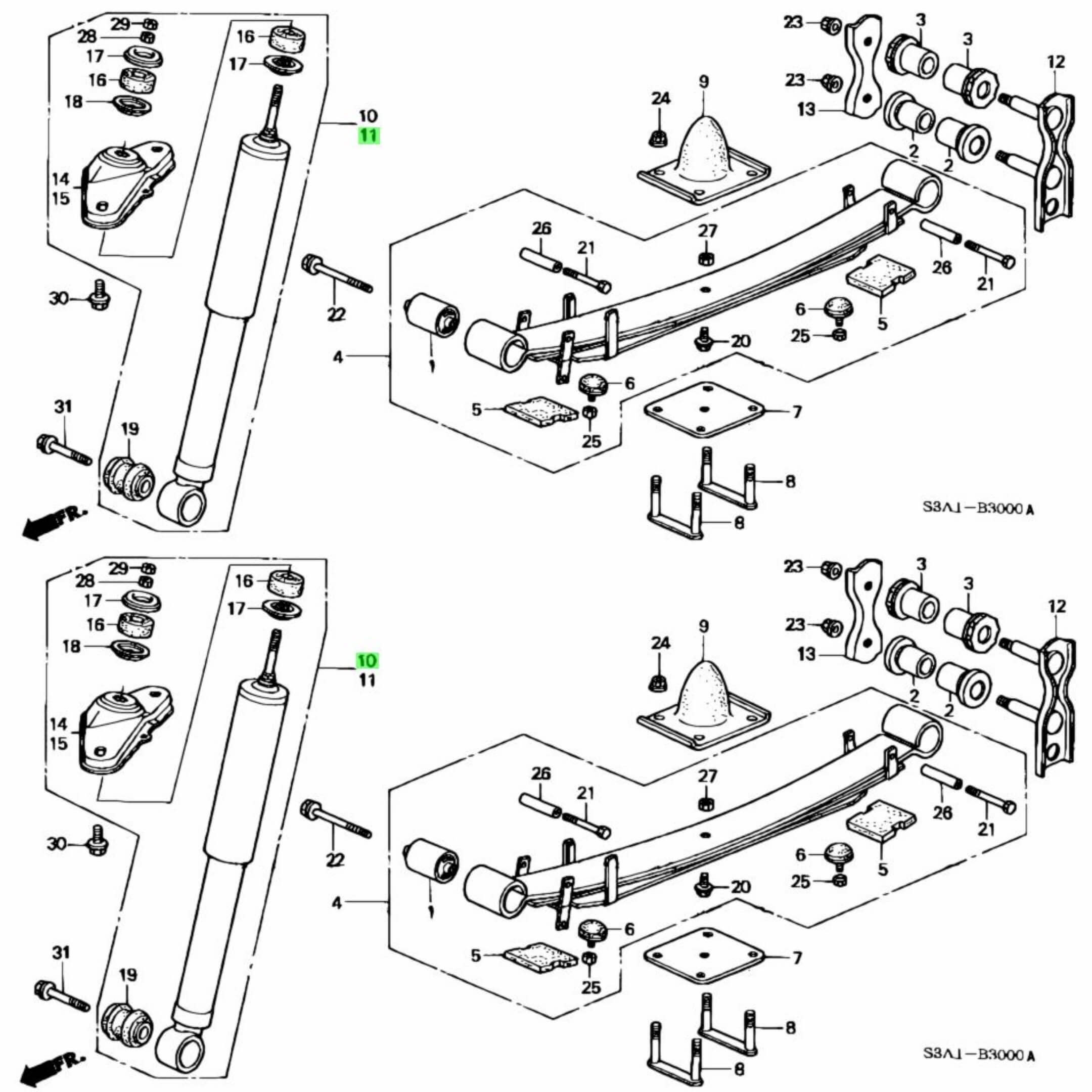 Technical diagram of Shock - Rear Set for Honda Acty Van HH5, HH6 Models (1999-2009), showcasing detailed parts and assembly.