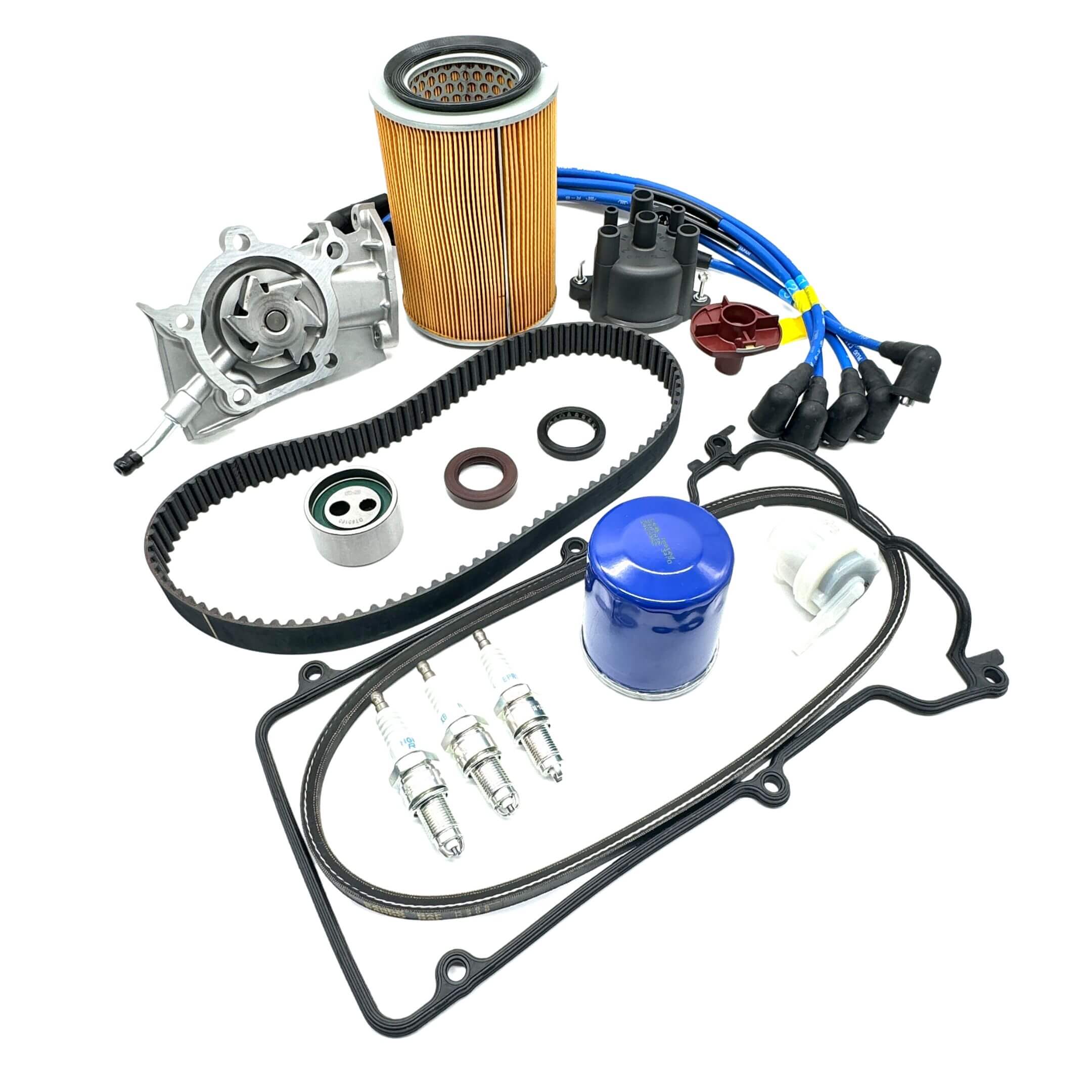 19-piece Daihatsu Hijet Timing Belt Kit for EFNS engines, featuring timing belt, alternator belt, water pump, filters, spark plug wire set, distributor cap, and rotor for S100P/S110P models.