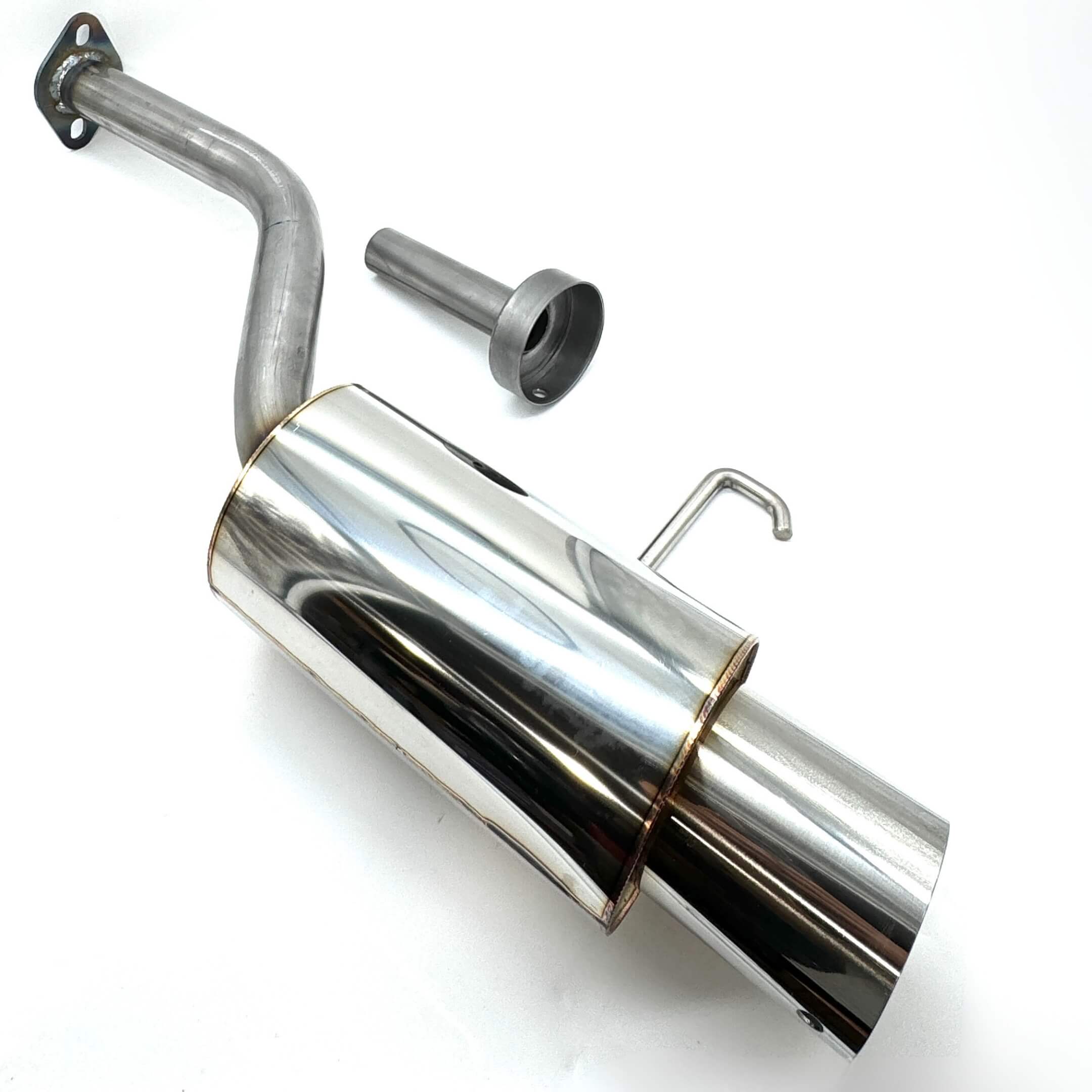 Overview of Hisawa Giga N1 stainless steel muffler for Honda Acty, displaying the full exhaust system and pipe layout.