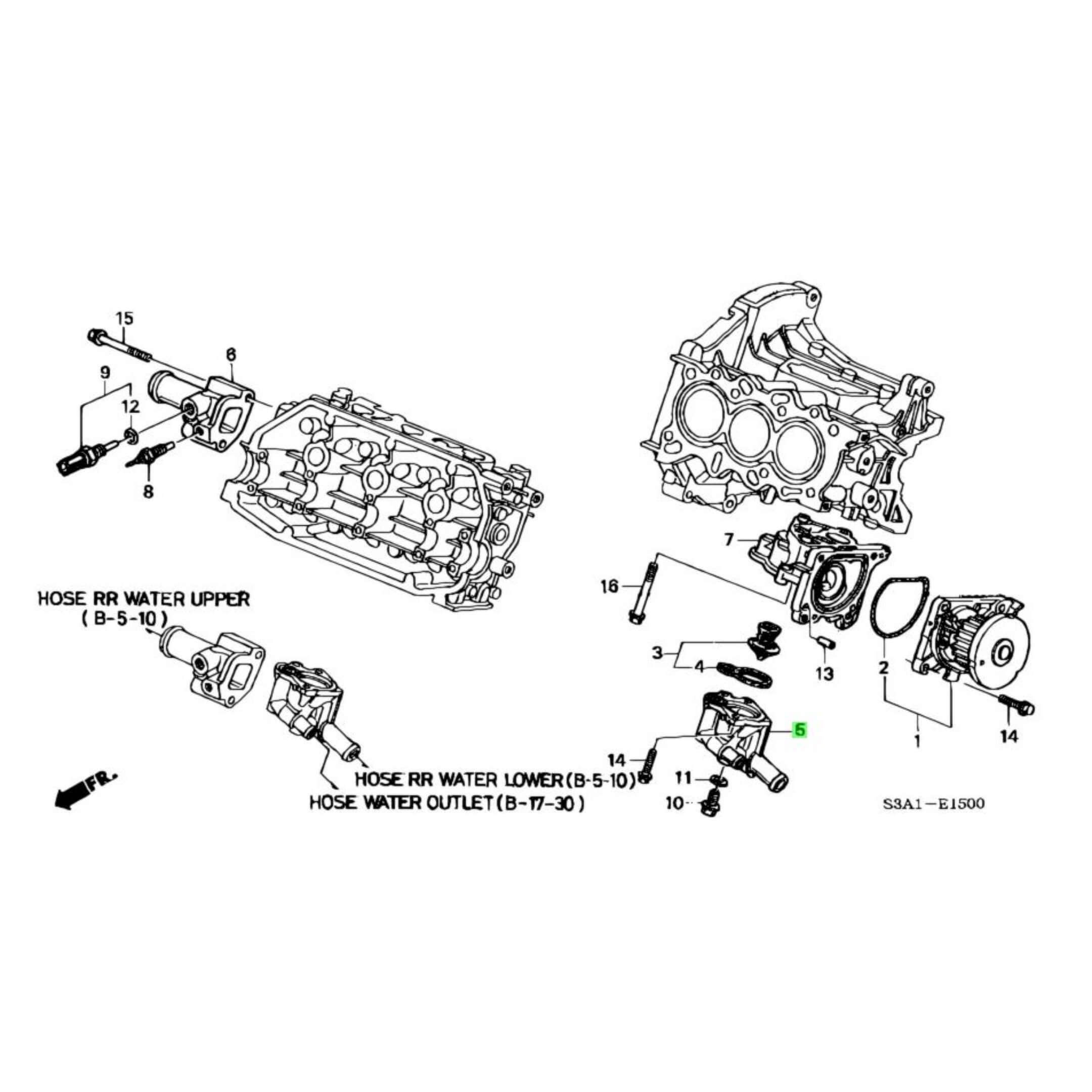 Technical diagram of a thermostat housing for Honda Vamos Van HM1, HM2 models (1999-2018), showcasing detailed parts and assembly layout.